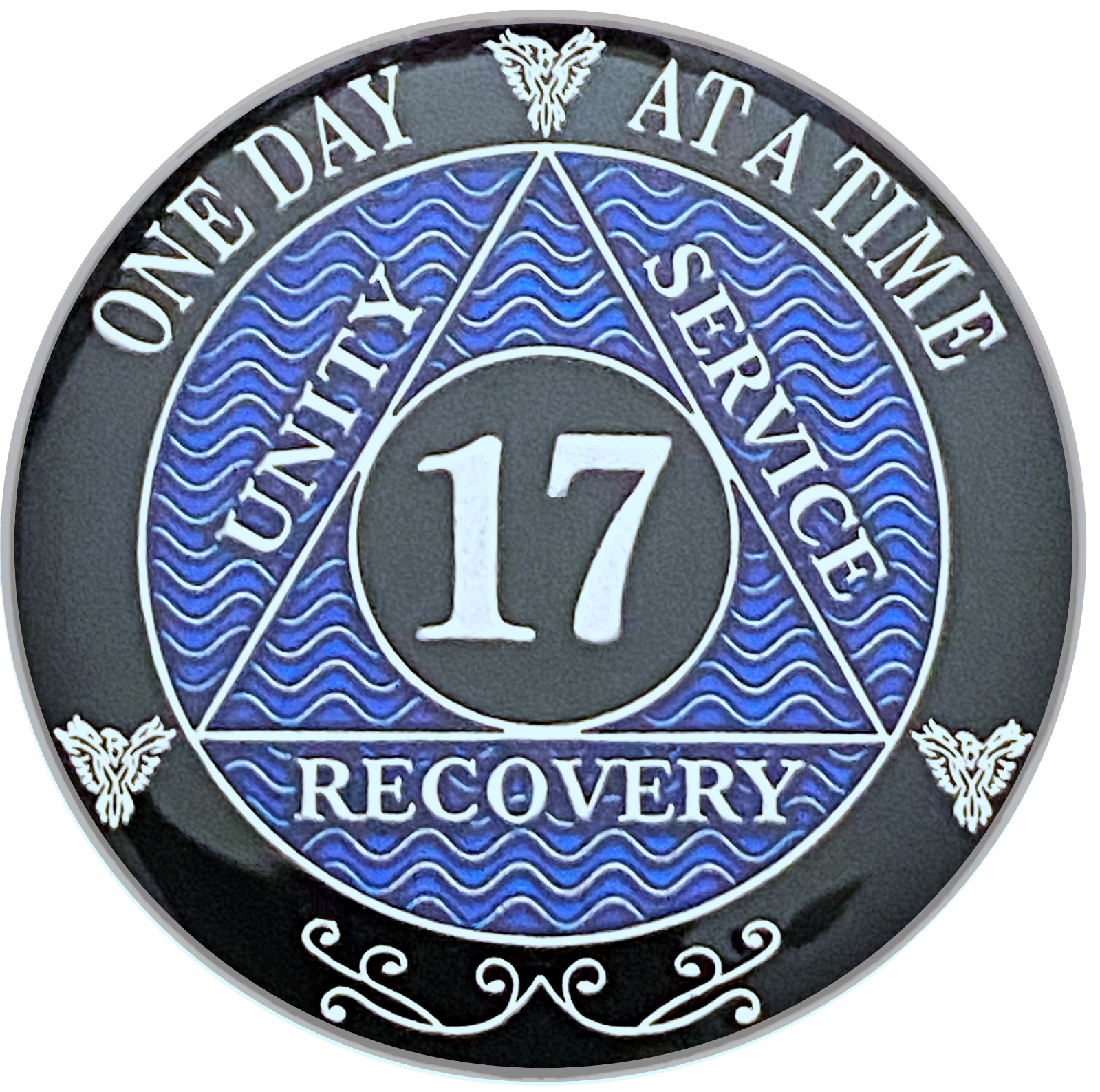 AA 17 Year Coin Blue, Silver Color Plated Medallion, Alcoholics Anonymous Coin