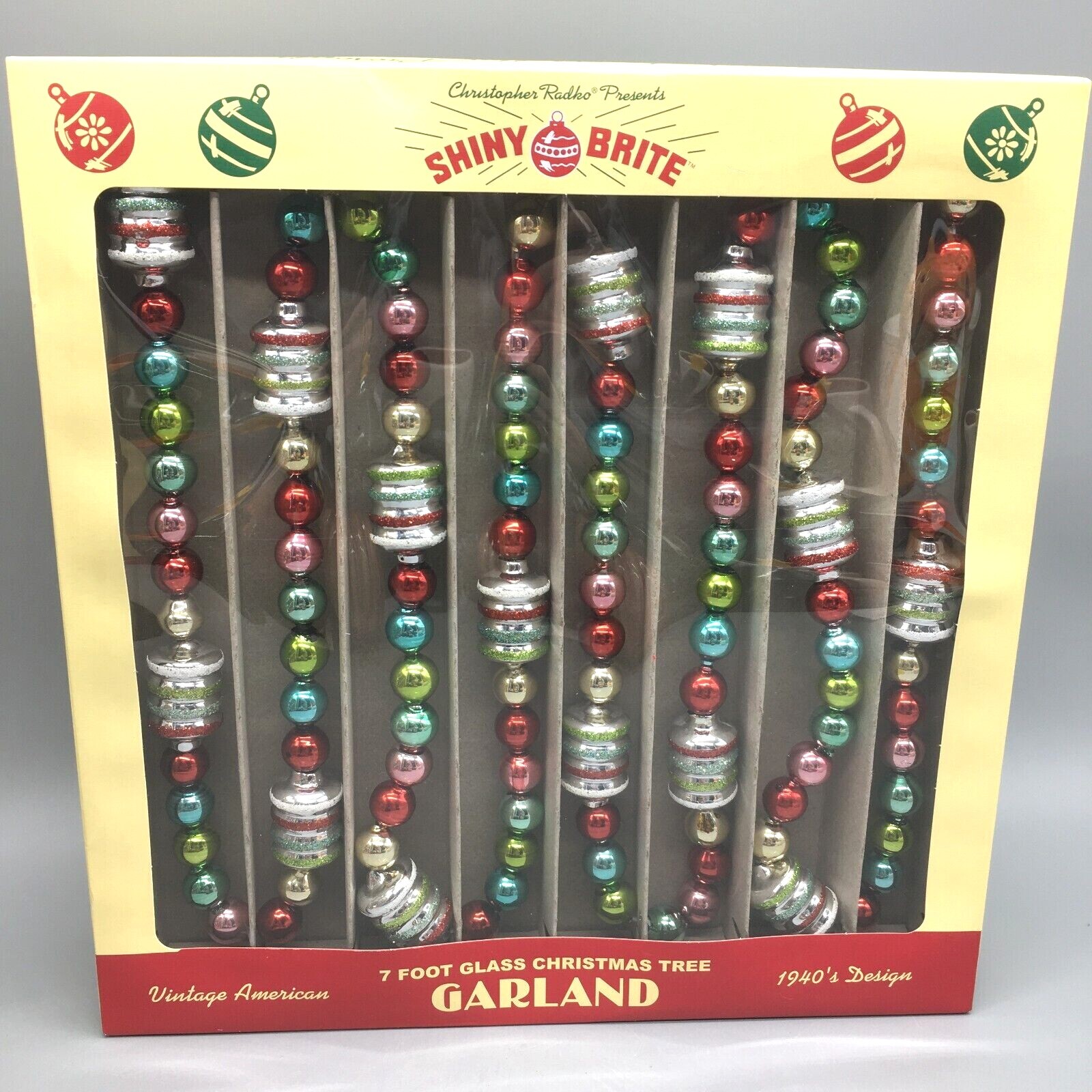 Radko Shiny Brite Glass Christmas Tree Garland Figural Silver Red Pink Green 7ft
