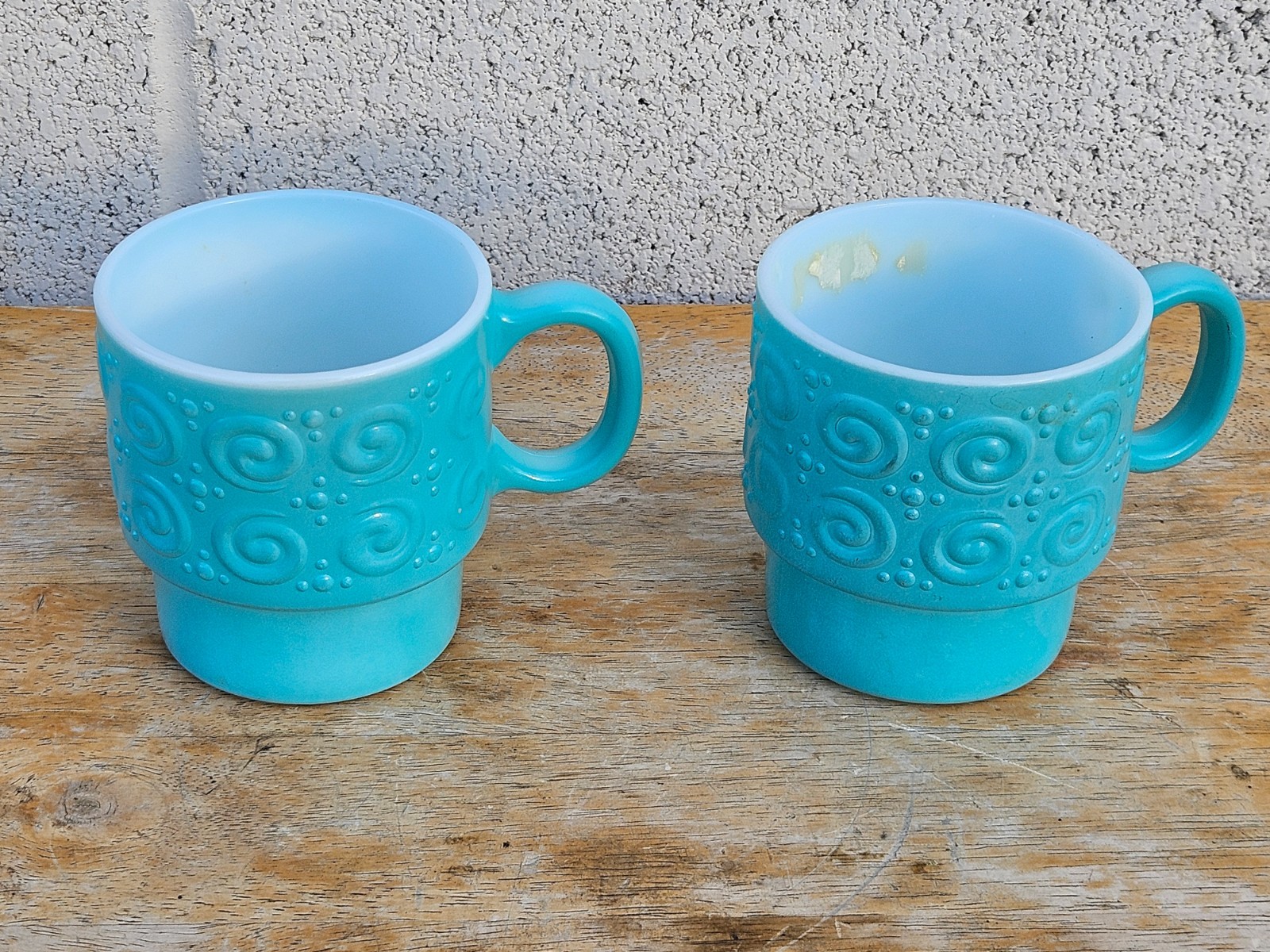 Vintage Hazel Atlas Hazelware AQUA Milk Glass Scroll & Dots Embossed Mugs