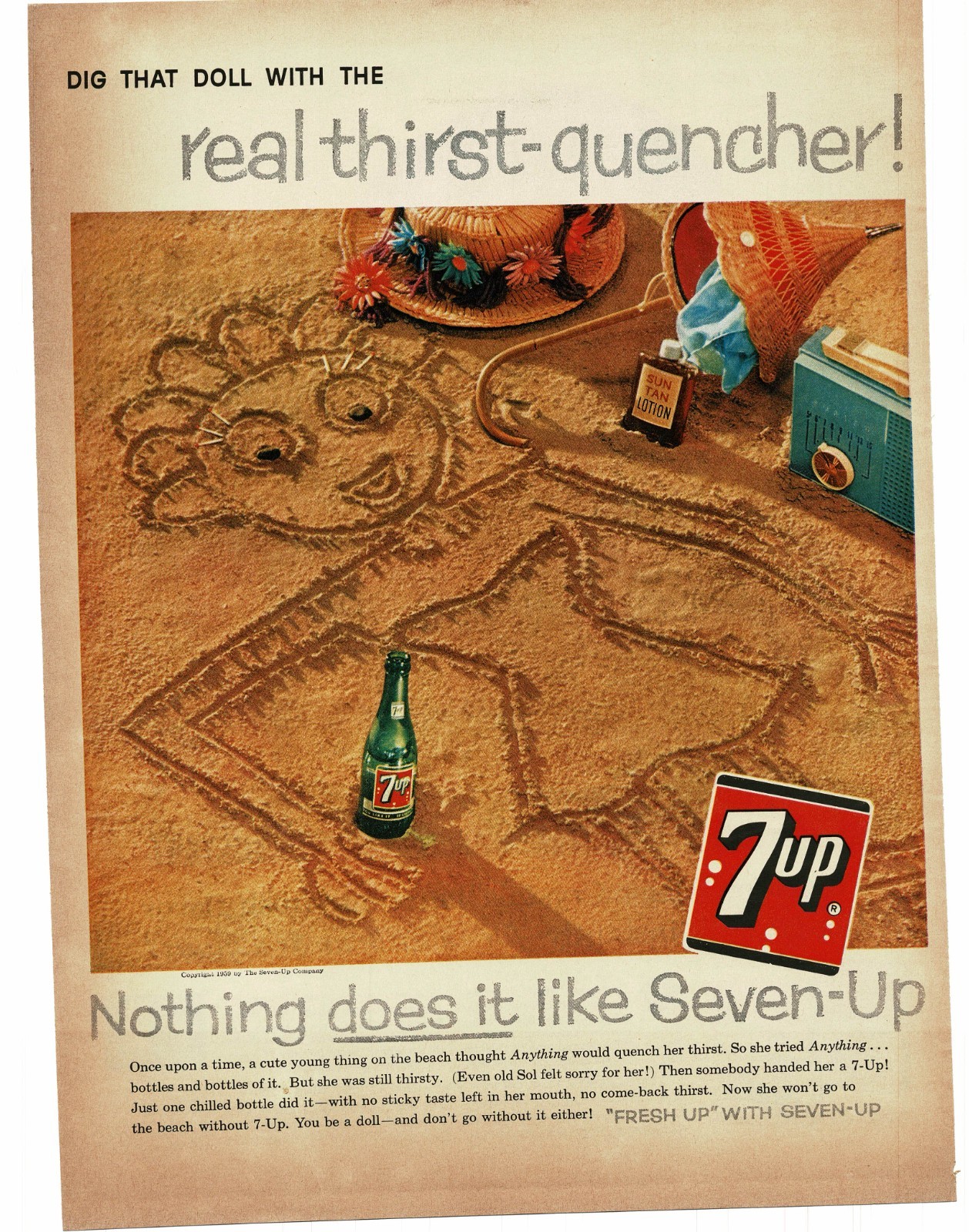1959 7UP 7 UP Soda sand drawing of woman on beach Vintage Print Ad