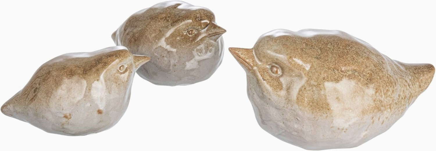 New Creative Co-Op Set of 3 Stylized Hand-Painted Stoneware Birds Reactive Glaze