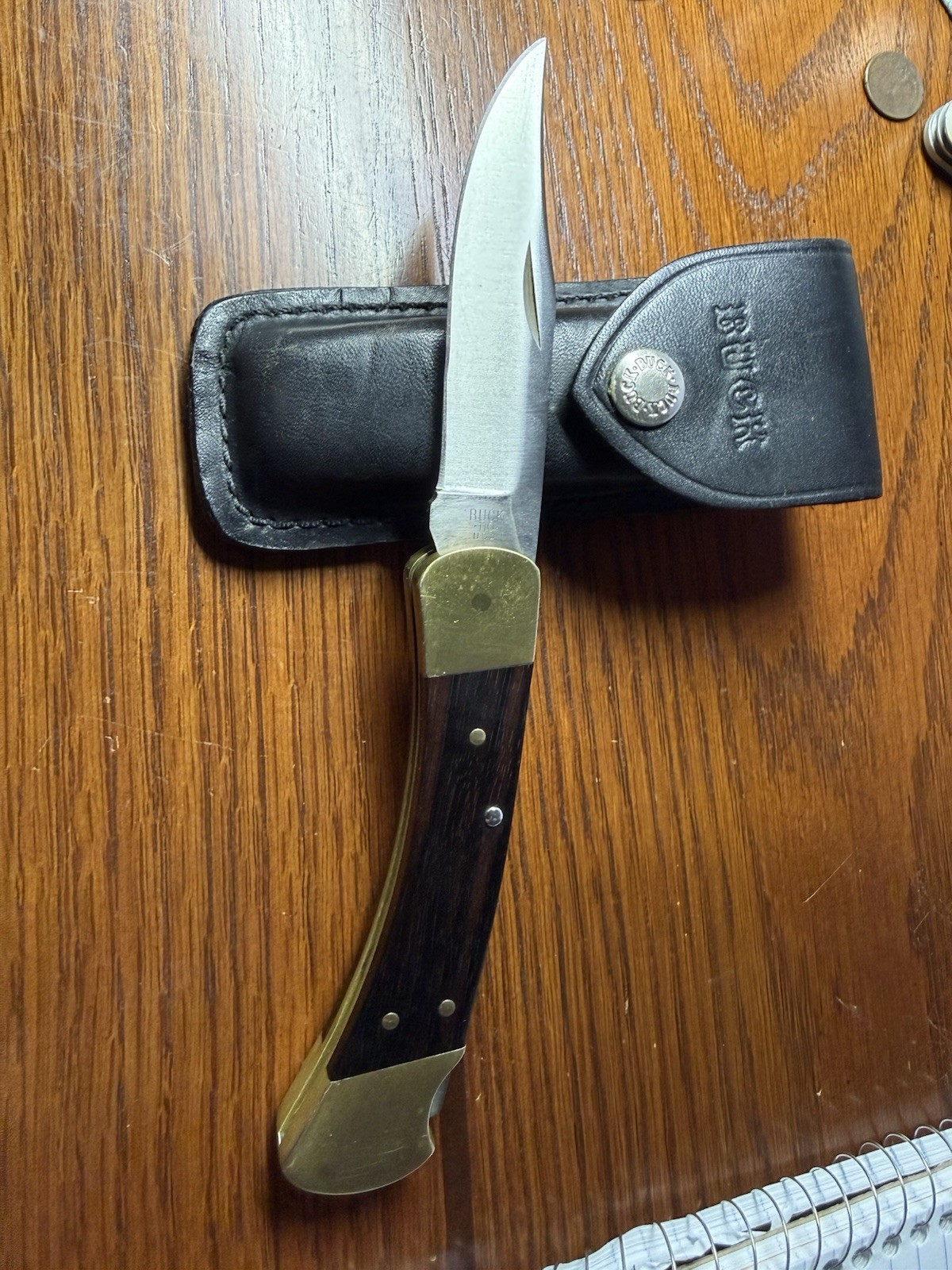 Buck 110 Folding Hunter 1974-1980 USA Brass Wood Lockback Knife With Sheath USA
