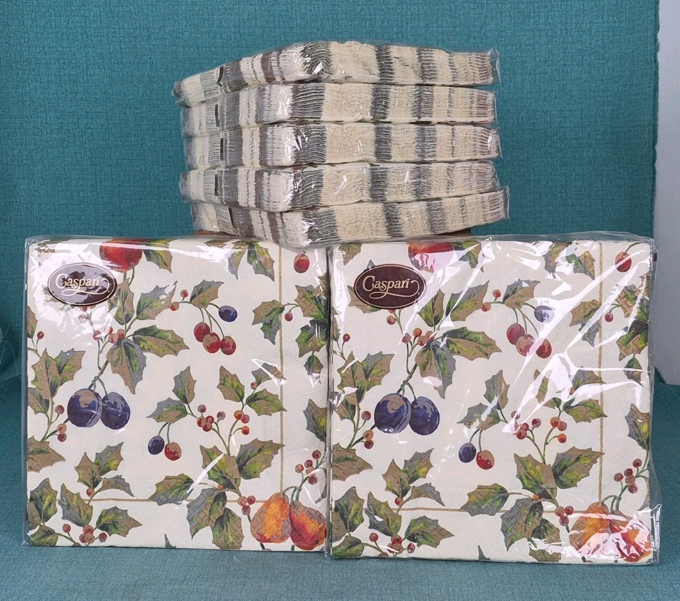 7 Packs Caspari Elegant Holiday 3-Ply Napkins Gold Fruit & Holly Made In Germany 7 Packs Caspari Elegant Holiday 3-Ply Napkins Gold Fruit & Holly Made In Germany