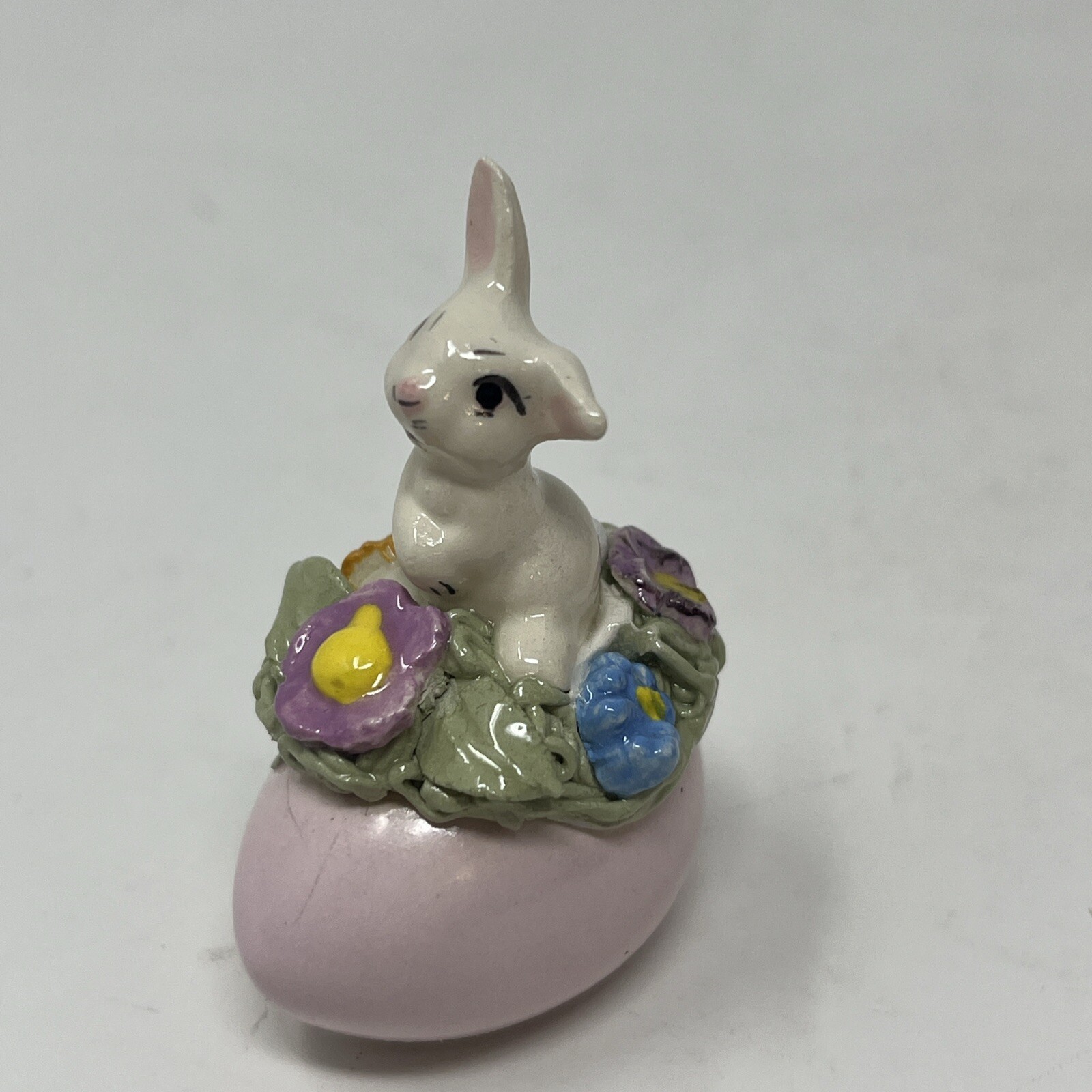 Vintage Easter Ceramic Spaghetti Nest Hand Painted Egg Signed Miniature Bunny