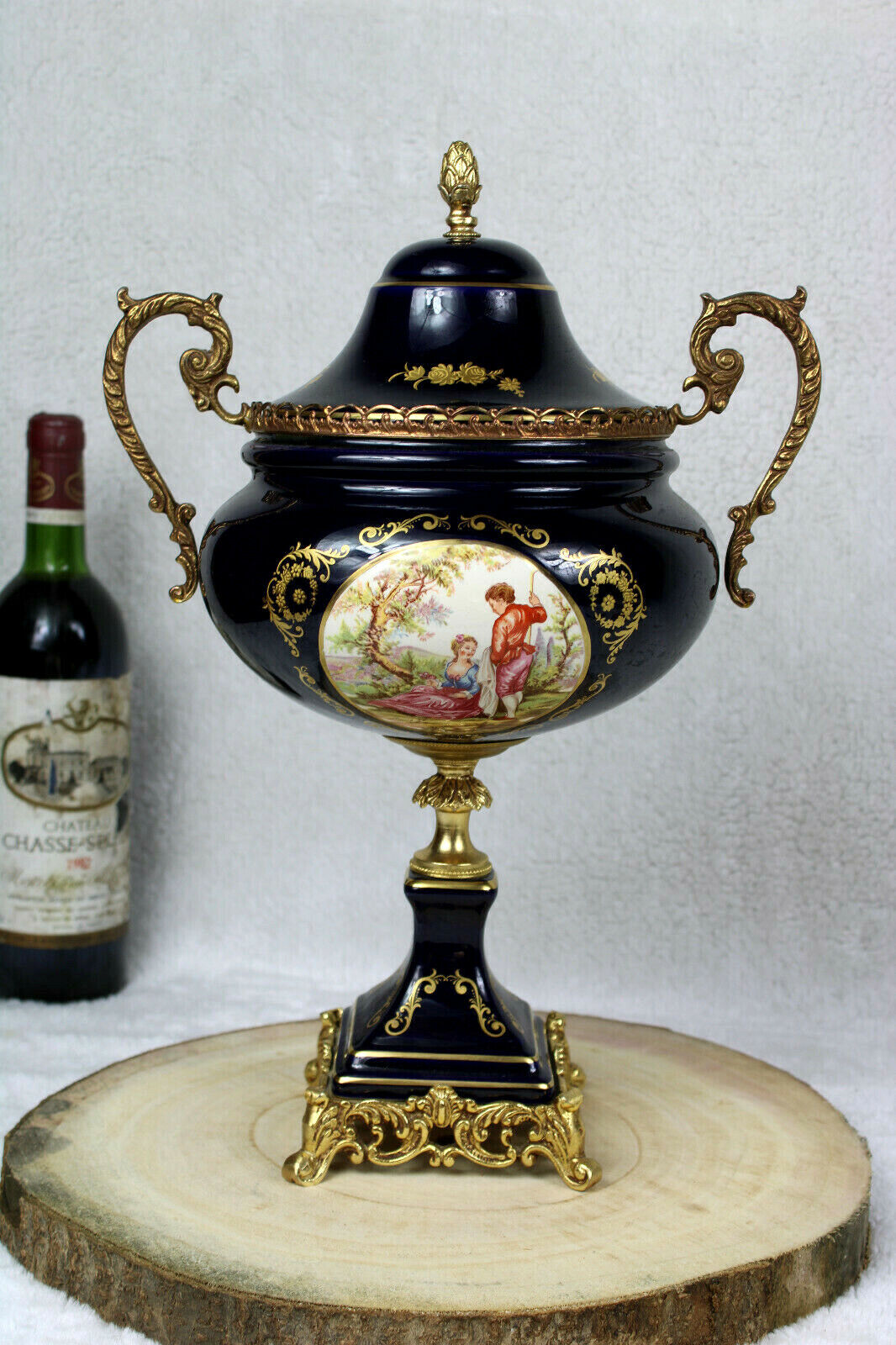  vintage cobalt porcelain centerpiece lidded bowl victorian scene 