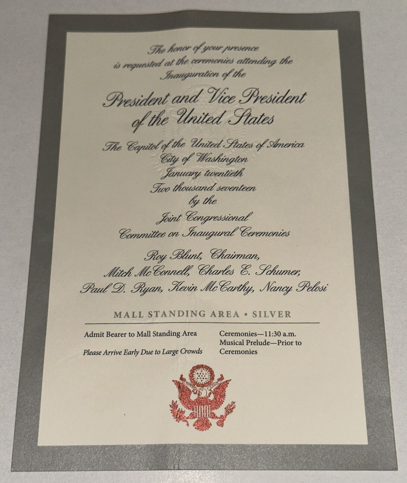 2017 US President Donald Trump Inauguration Ceremony Ticket Stub Silver Edition