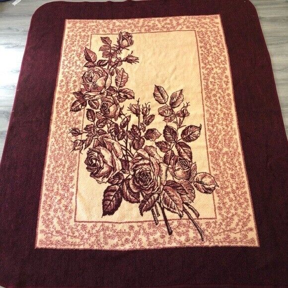 Vintage San Marcos Acrylic Roses Blanket Burgundy Size 92” X 76”