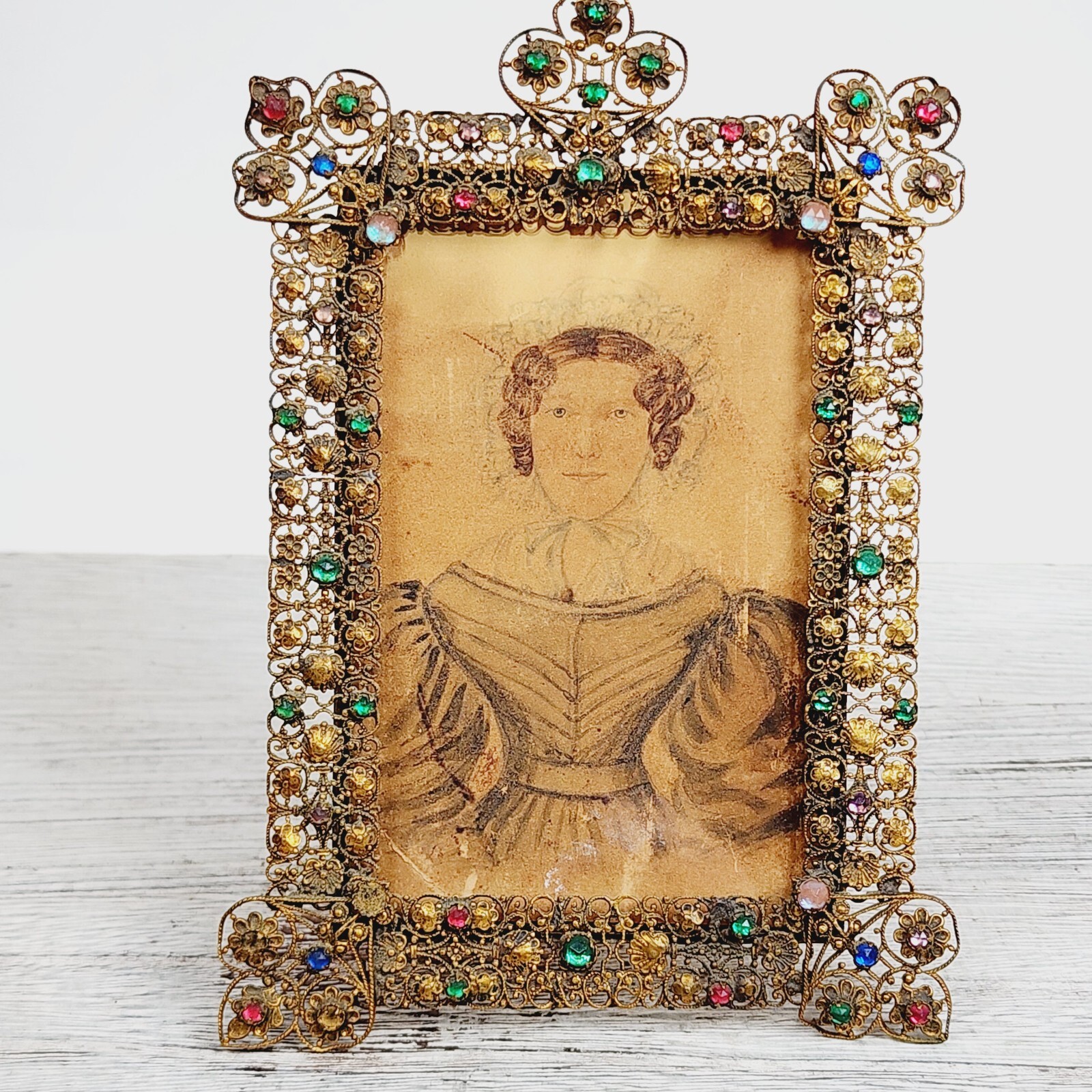 ANTIQUE JEWELED PICTURE FRAME EMPIRE SAPHIRET HAND DRAWN GIRL ART BEAUTIFUL