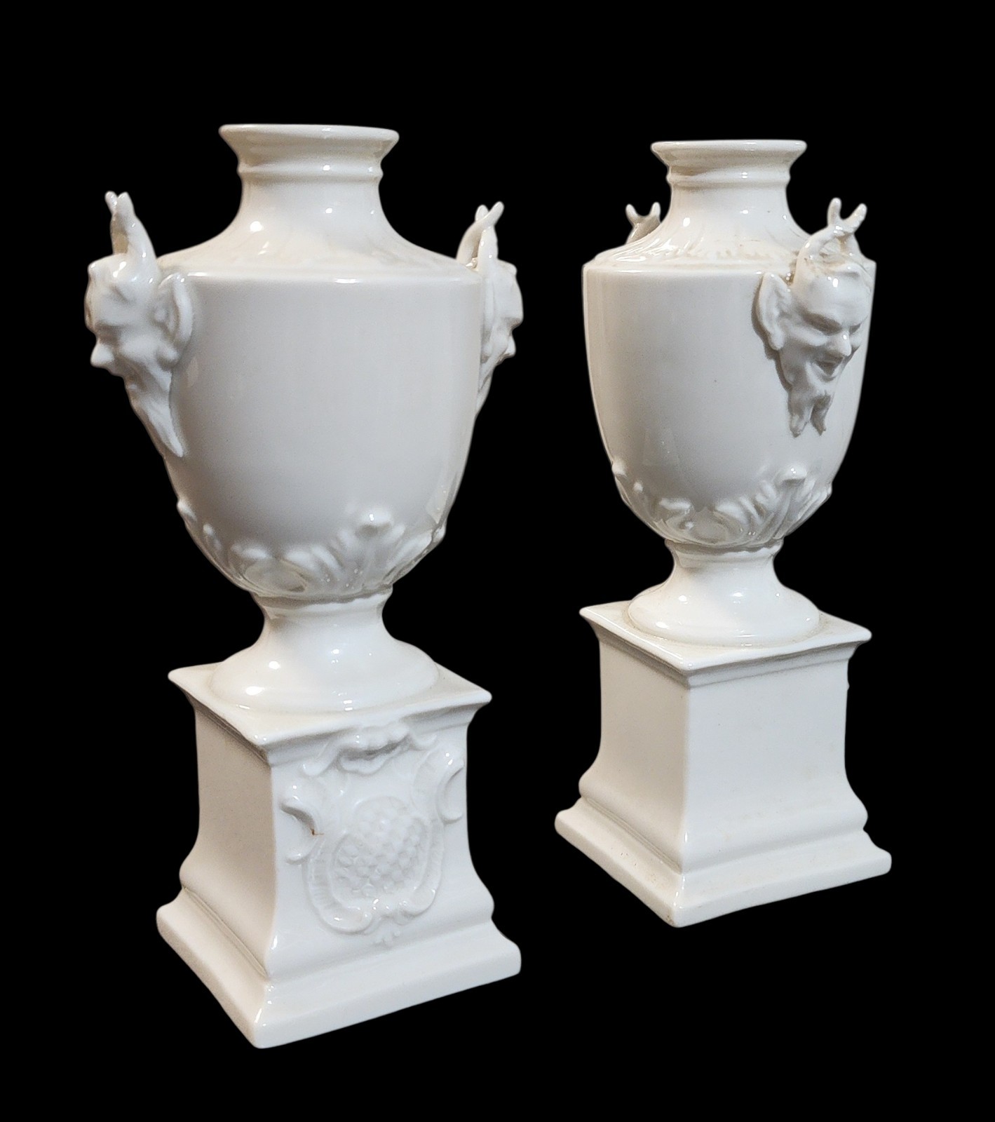 Pair Nymphenburg Blanc de Chine Porcelain Satyr Mask Urns Model 734 Bavaria 5.5\