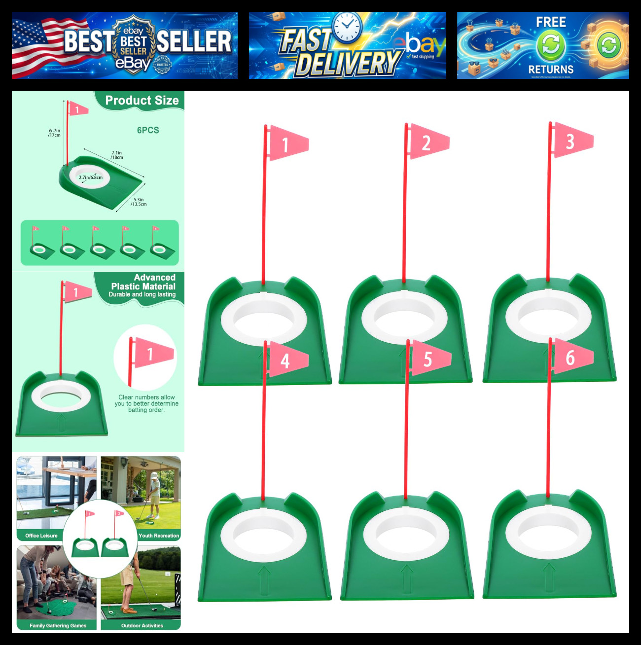 6 Pack Golf Putting Cup with Flags, Plastic Mini Golf Hole Putting Practice Aids
