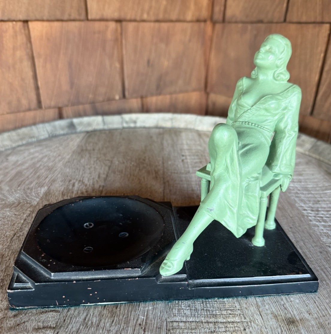 VTG  1930's Frankart Art Deco Spelter Green Figural Woman Trinket Dish Ashtray