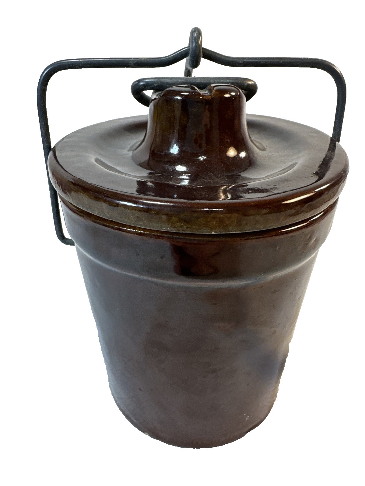 Vtg Brown Glazed Stoneware Pottery Crock Lid & Wire Bail 4.5\