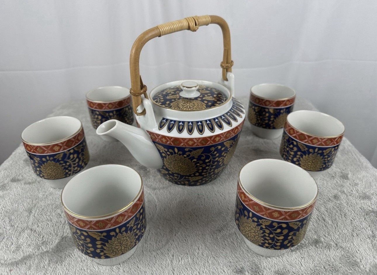 Vintage Japanese Porcelain Tea Set Blue Gold Chrysanthemum Bamboo Handle 6 Cups