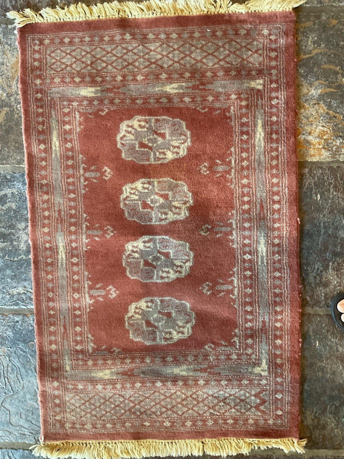 Vintage Handwoven Wool Prayer Rug, Rust, Gray & Cream
