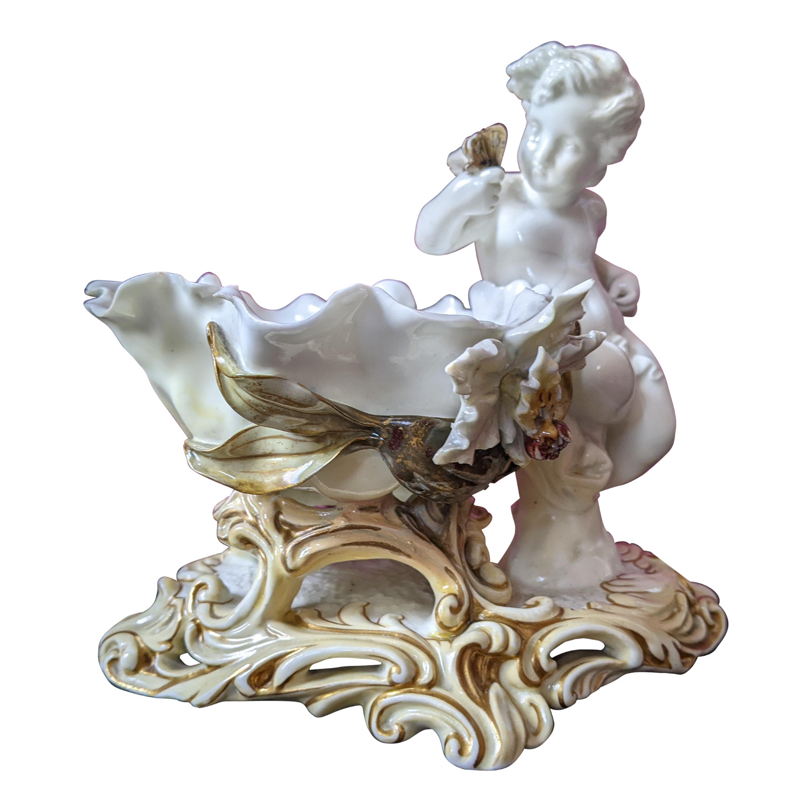 1880s Antique English Moore Brothers Porcelain Figurine Vase Angel w Butterfly