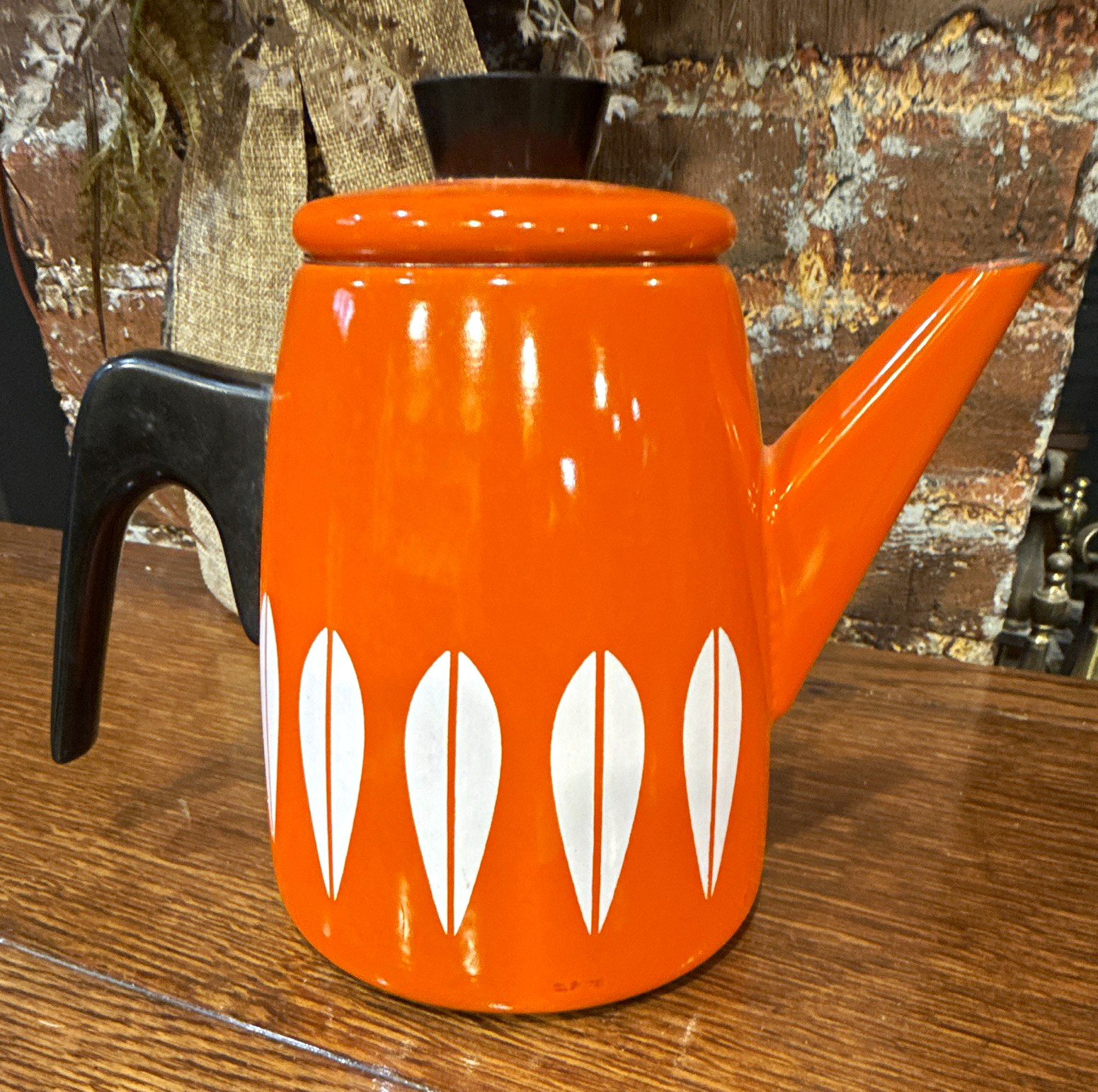 Cathrineholm Vintage Enamel Tea Kettle Orange/White Leaf Pattern Black Handle