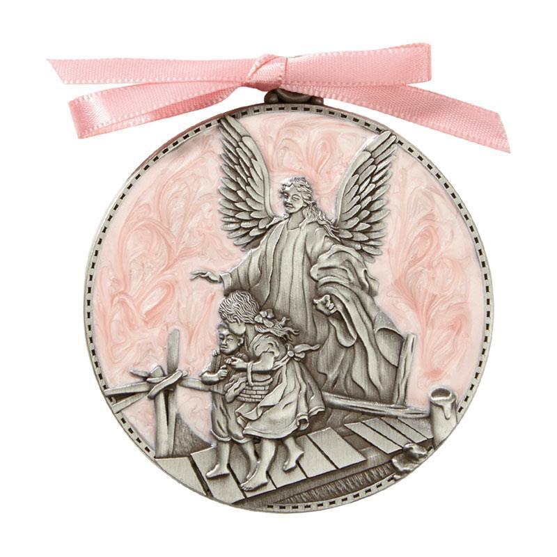 Pink Guardian Angel Crib Medal 2.25 inches Sacramental Gift for Birth or Baptism