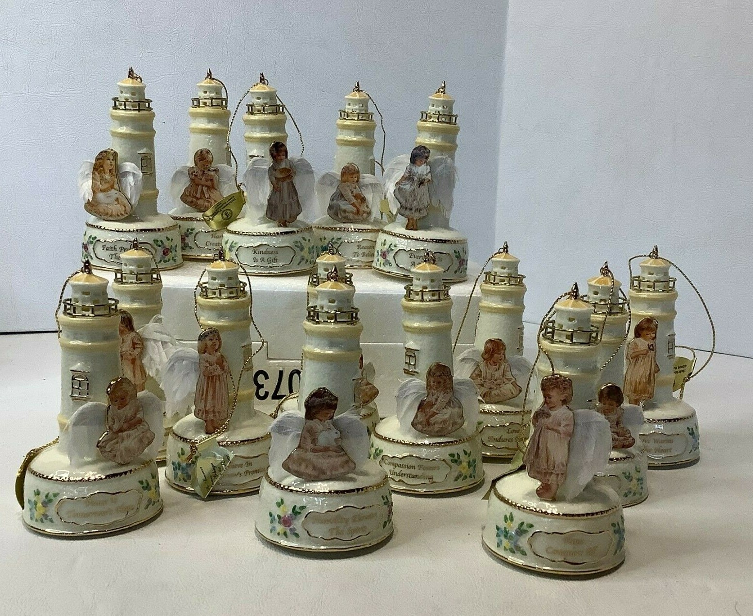 Lot Set of 15 Lighthouse Ornaments Child Angels Bradford Editions Guiding Light