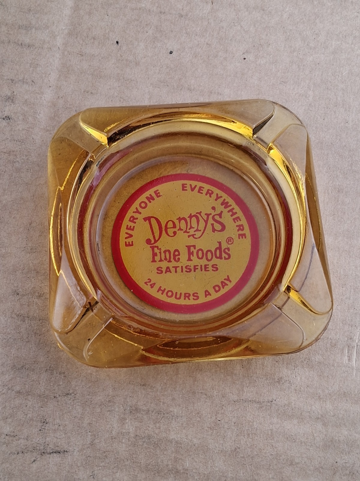 Vintage 70s Amber Glass Marketing Ashtray from Denny's Restaurant 3.5”