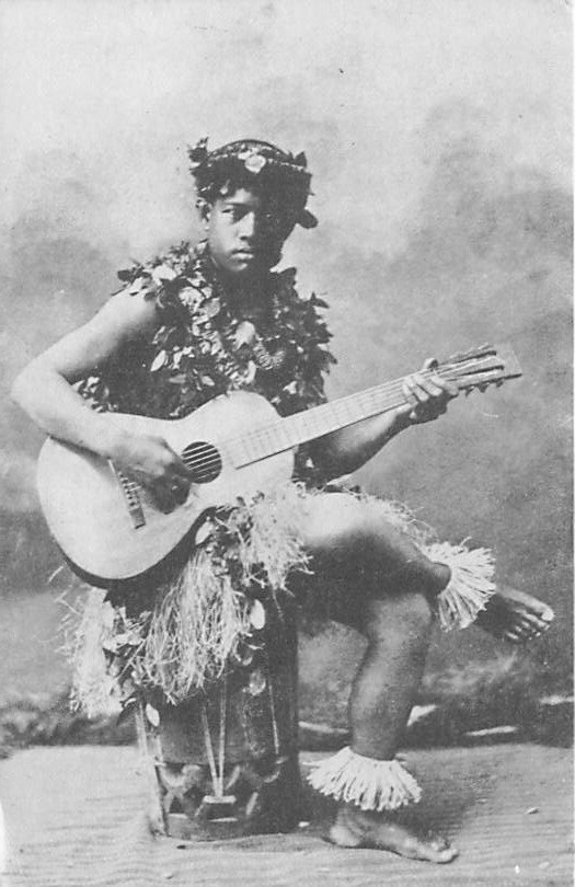 Postcard HI: Hawaiian Boy with Guitar, Traditional Dress, circa 1920, Repro