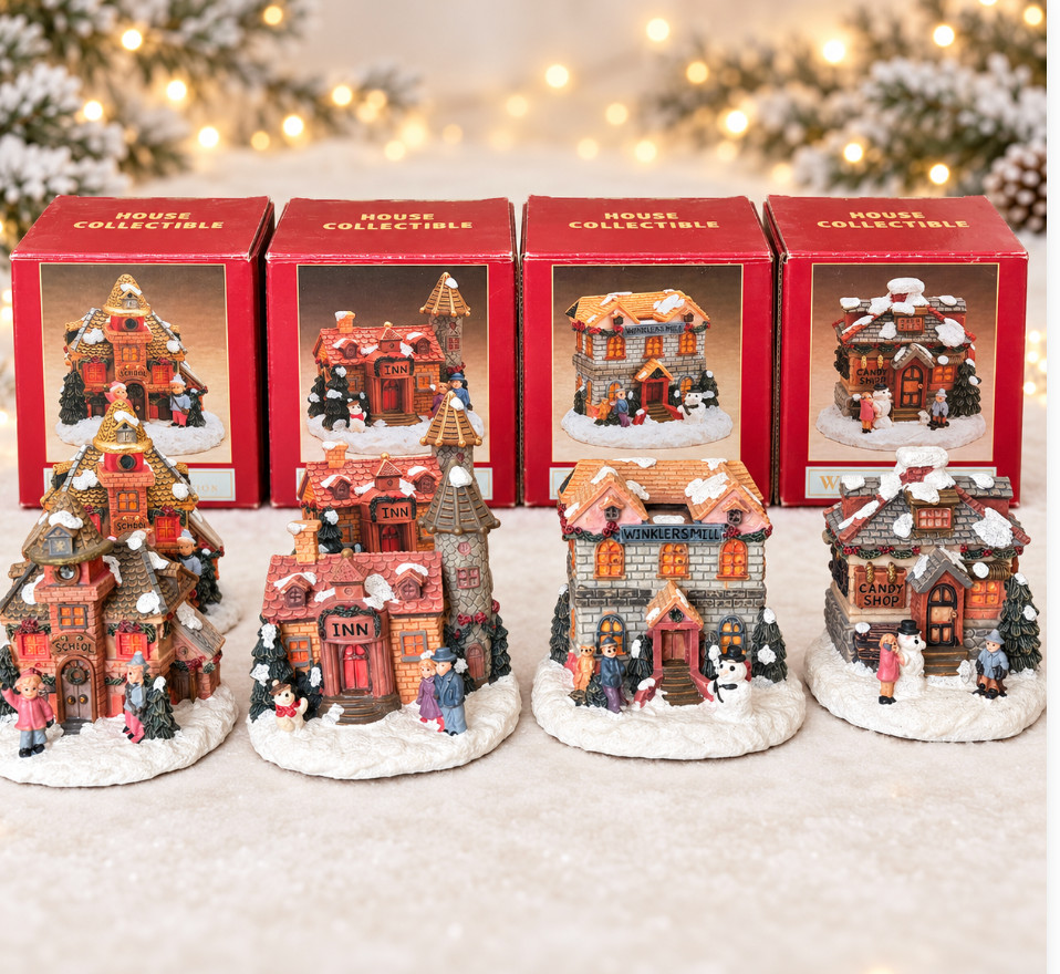 Vintage Winsor Collection Mini Christmas Village Houses Set of 4 Boxed 3”