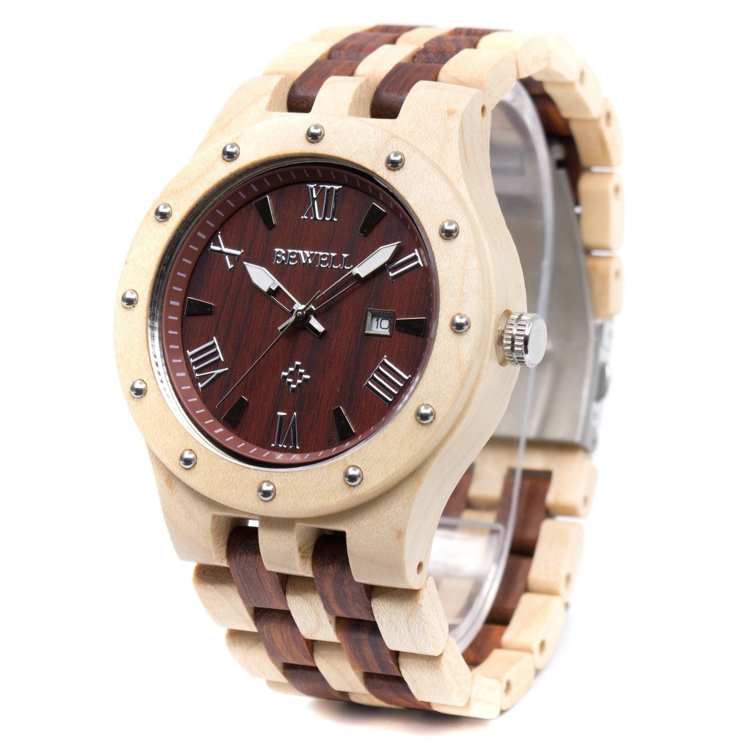 BEWELL Men\'s Wooden Watches Handmade Date Display Analog Quartz Luminous Wris...