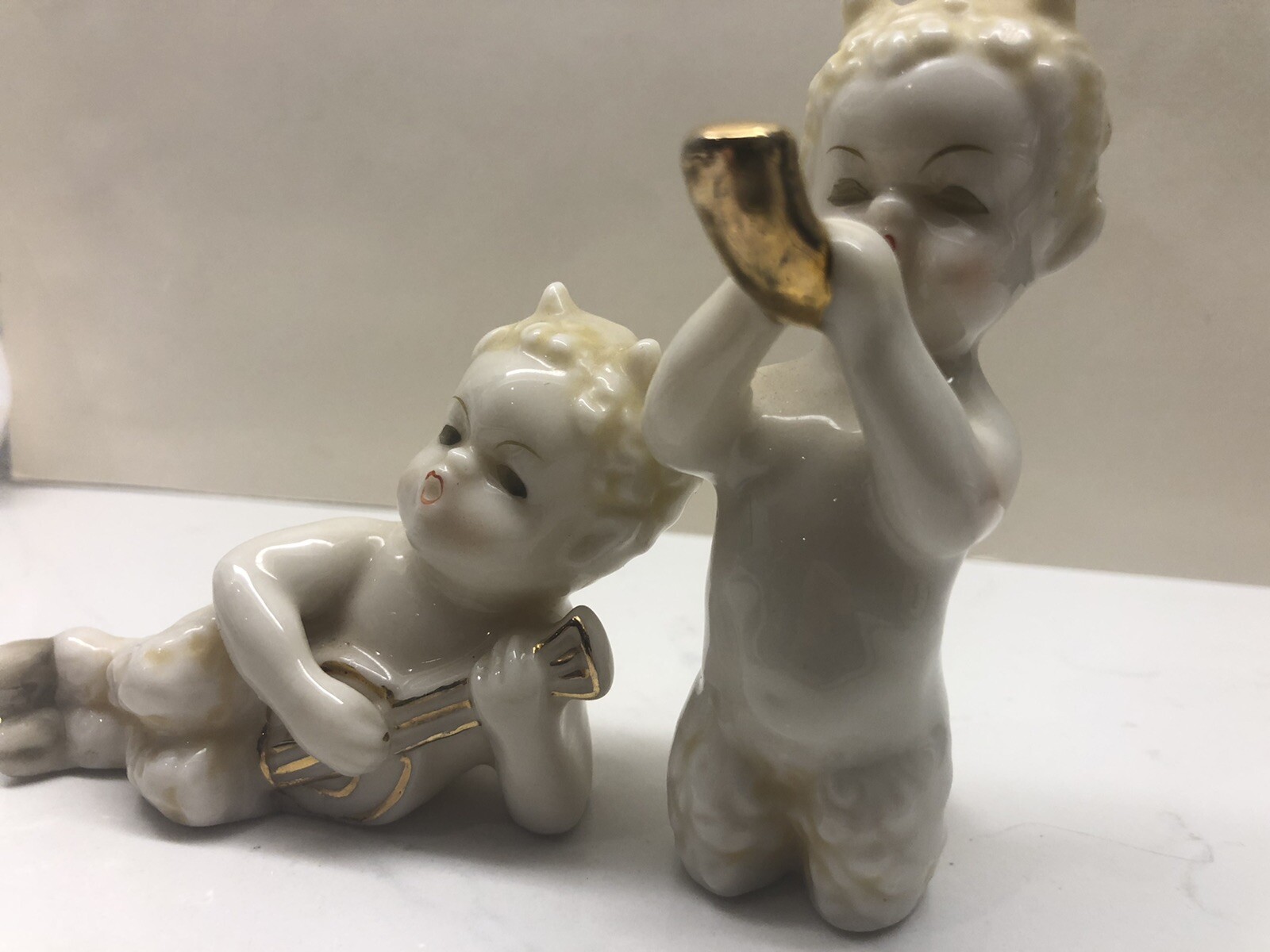 Vintage Porcelain Satyr Set Of 2 Musician Cherub Devil Figurines 1950s Ardalt