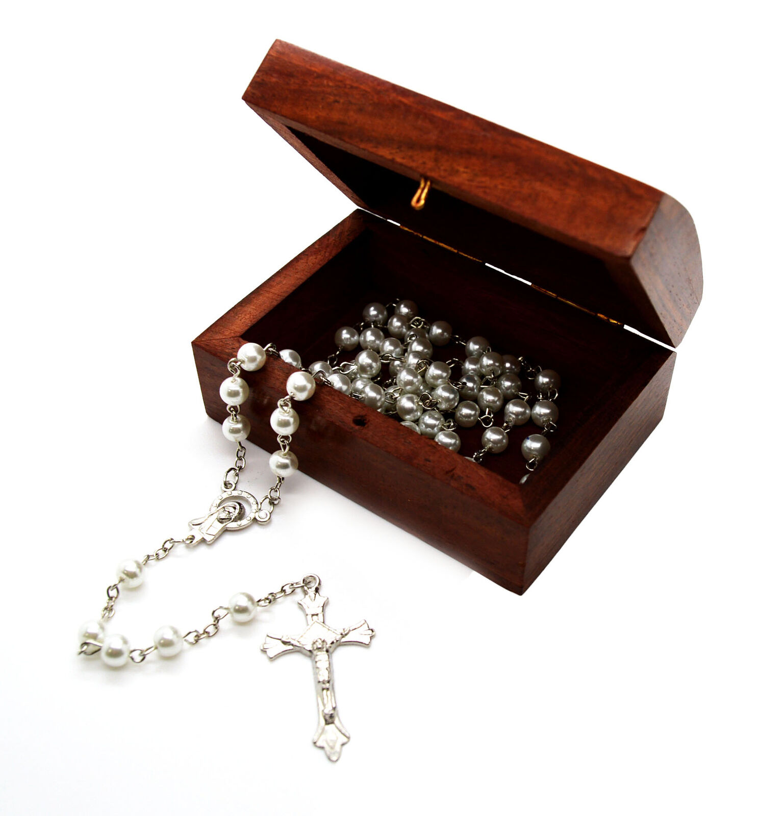 Catholic Glass Pearl Prayer Beads Rosary cross crucifix wooden Jewelry box new