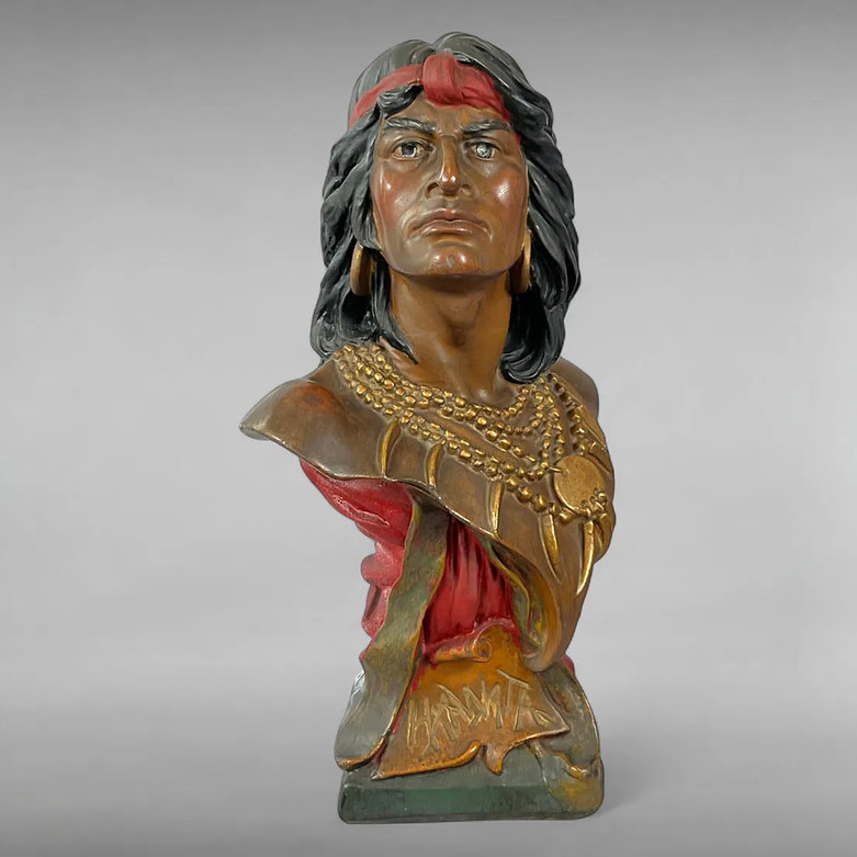 Antique Early 20th Century Hiawatha Chalkware Bust with Red Drape - 19.5 Antique Early 20th Century Hiawatha Chalkware Bust with Red Drape - 19.5
