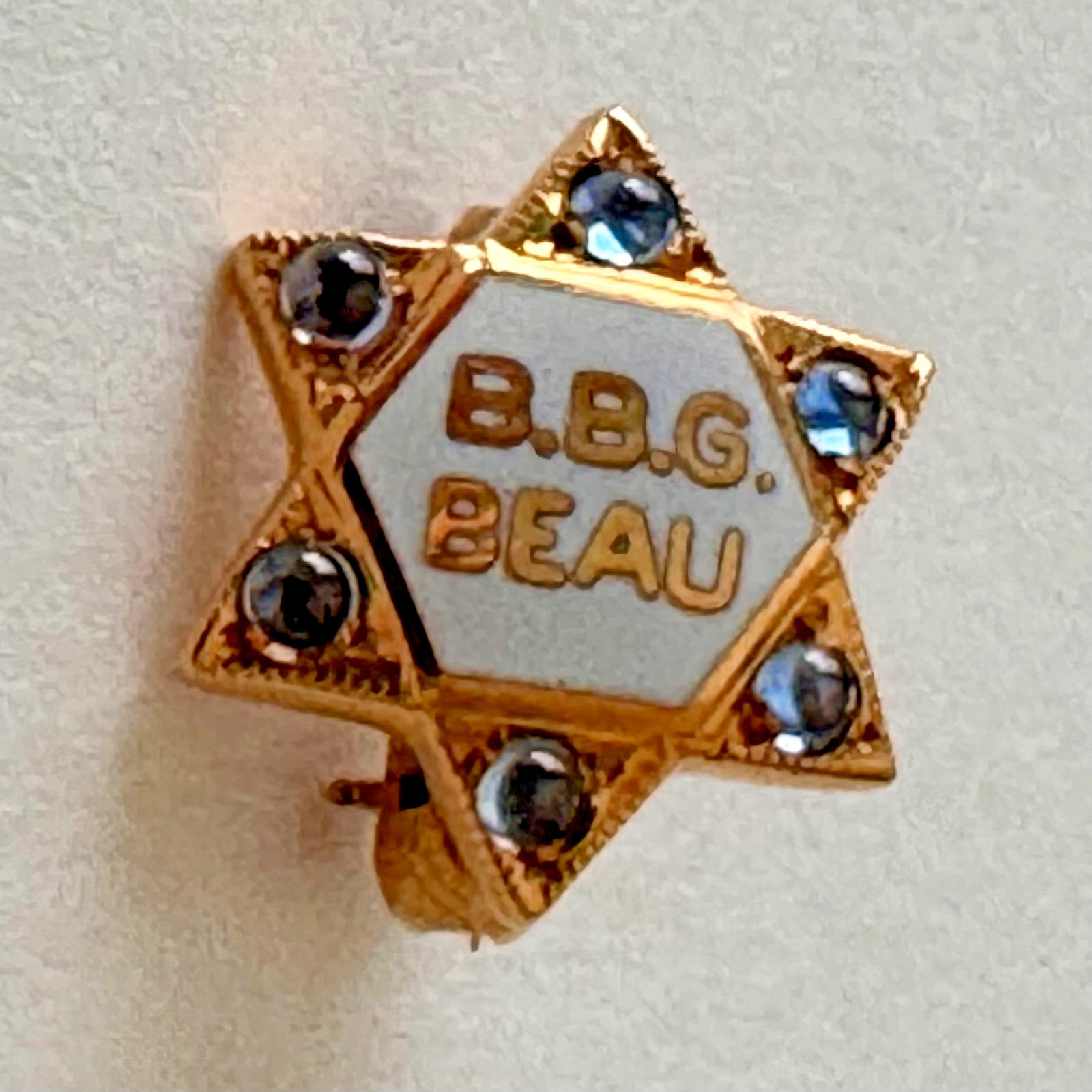 Vintage BBYO BBG Beau Pin Gold Tone Star of David, Blue Stones w/ Box