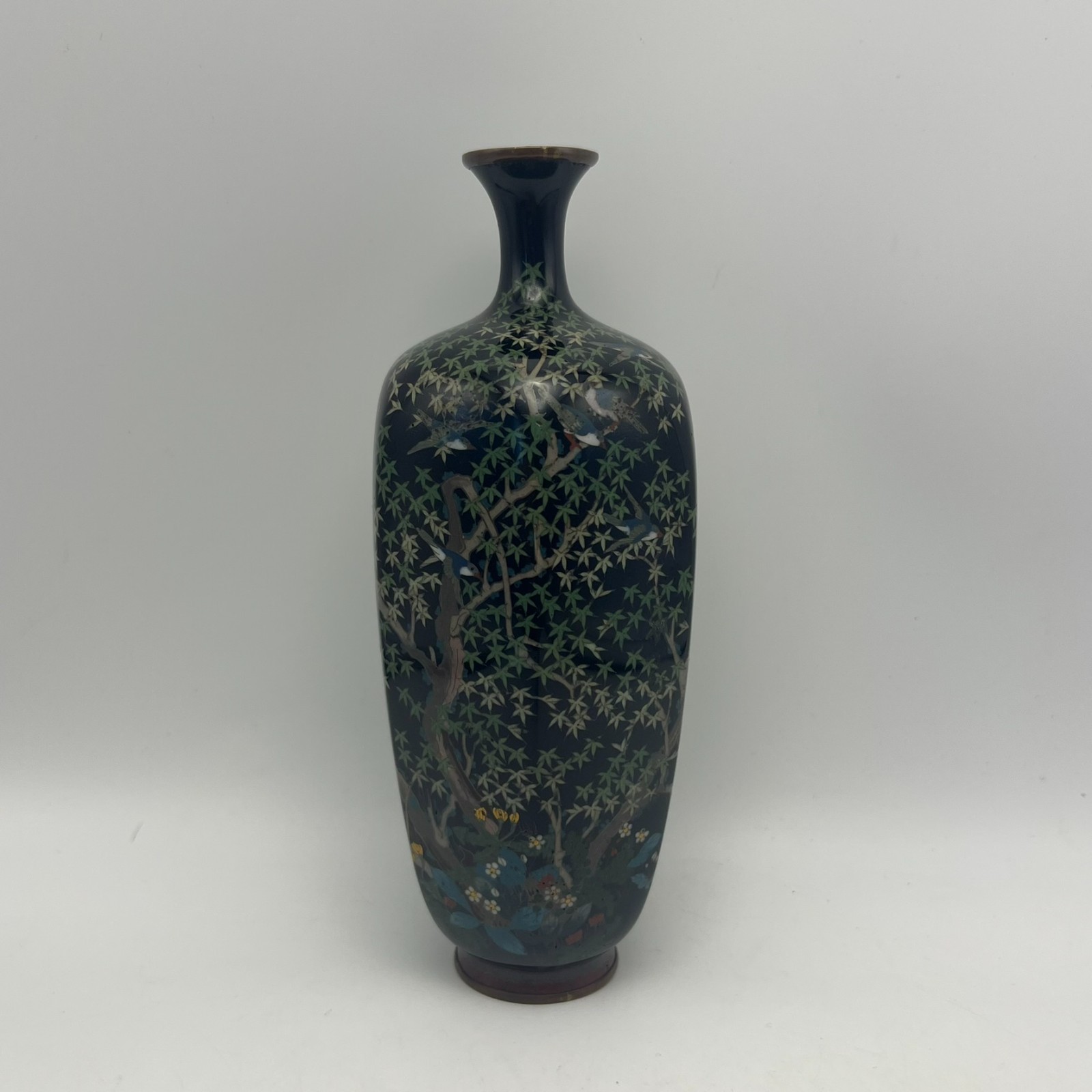 Vintage Japanese Cloisonne Enamel Vase Black Floral Bird Design 9\ Vintage Japanese Cloisonne Enamel Vase Black Floral Bird Design 9\