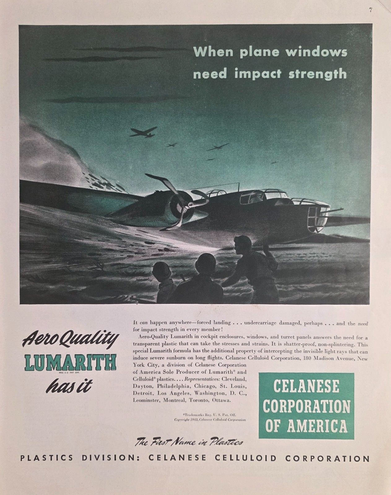 1943 Print Ad Aero Quality Lumarith Transparent Plastic for Planes Celanese Corp 1943 Print Ad Aero Quality Lumarith Transparent Plastic for Planes Celanese Corp