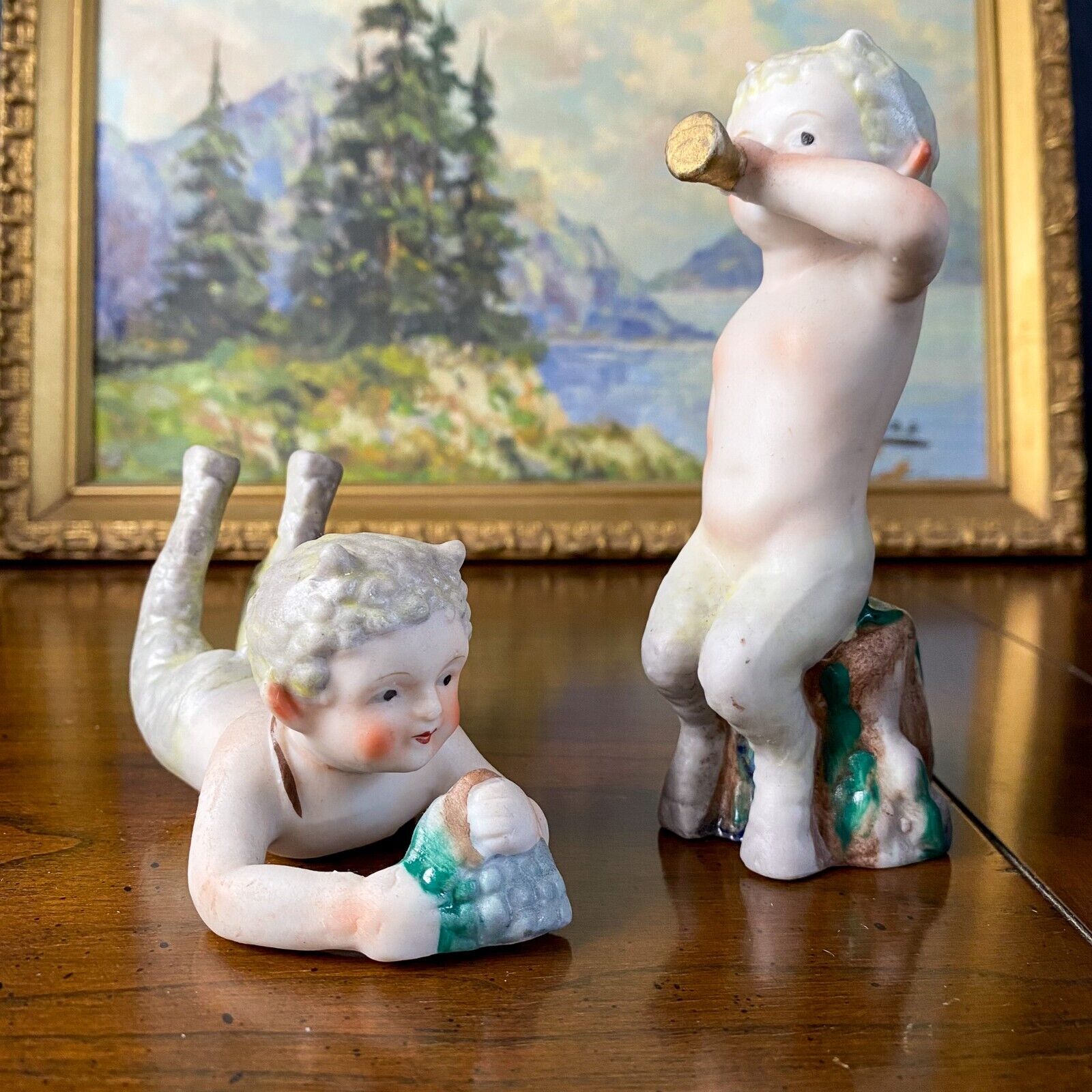 Vintage Porcelain Figurines Faun Pan Satyr Mythological Musician Statues Japan