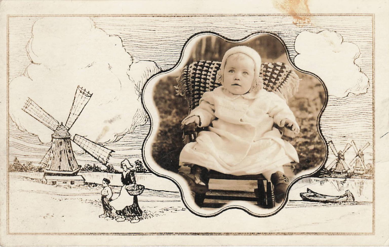 Rppc Cute Baby in Chair Dutch Windmill & Figures Postcard Antique c1910s Rppc Cute Baby in Chair Dutch Windmill & Figures Postcard Antique c1910s