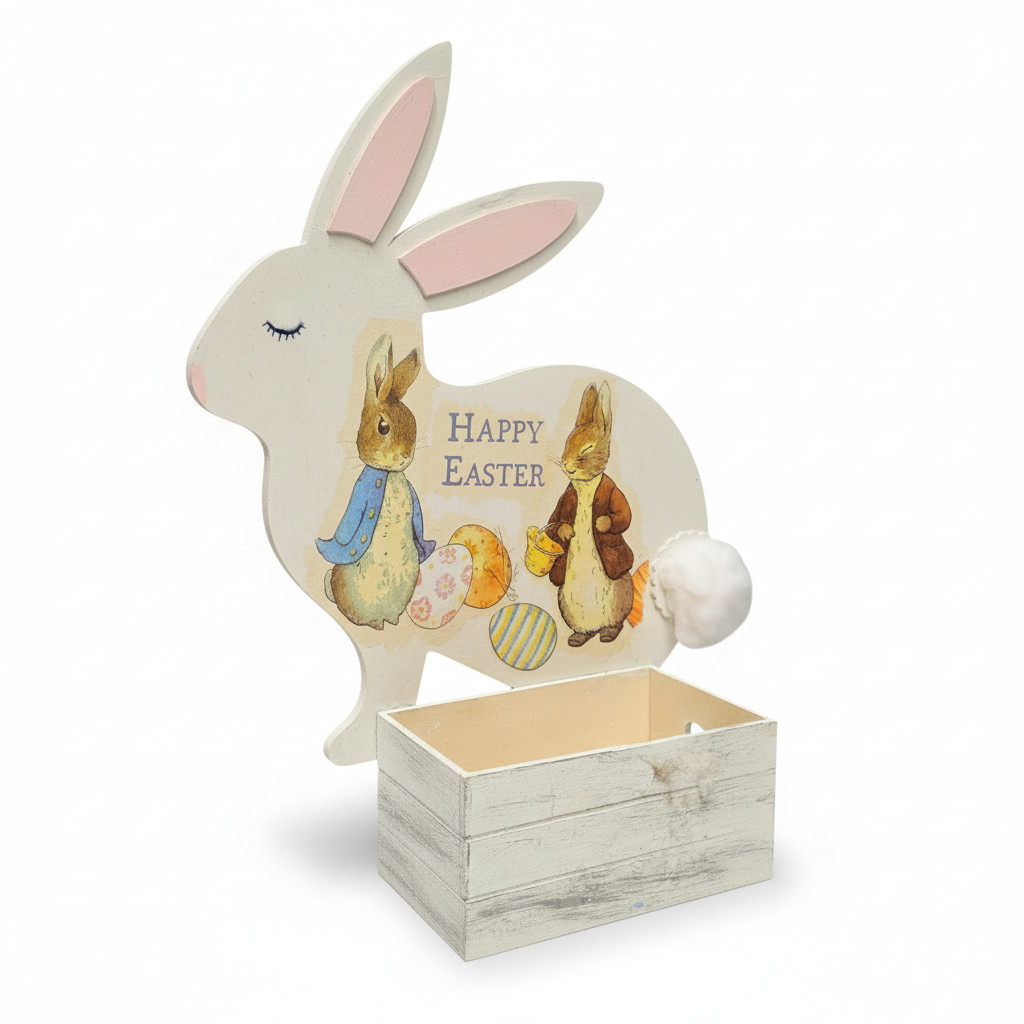 Handmade Wooden Happy Easter Bunny & Mother Basket Holder Decor