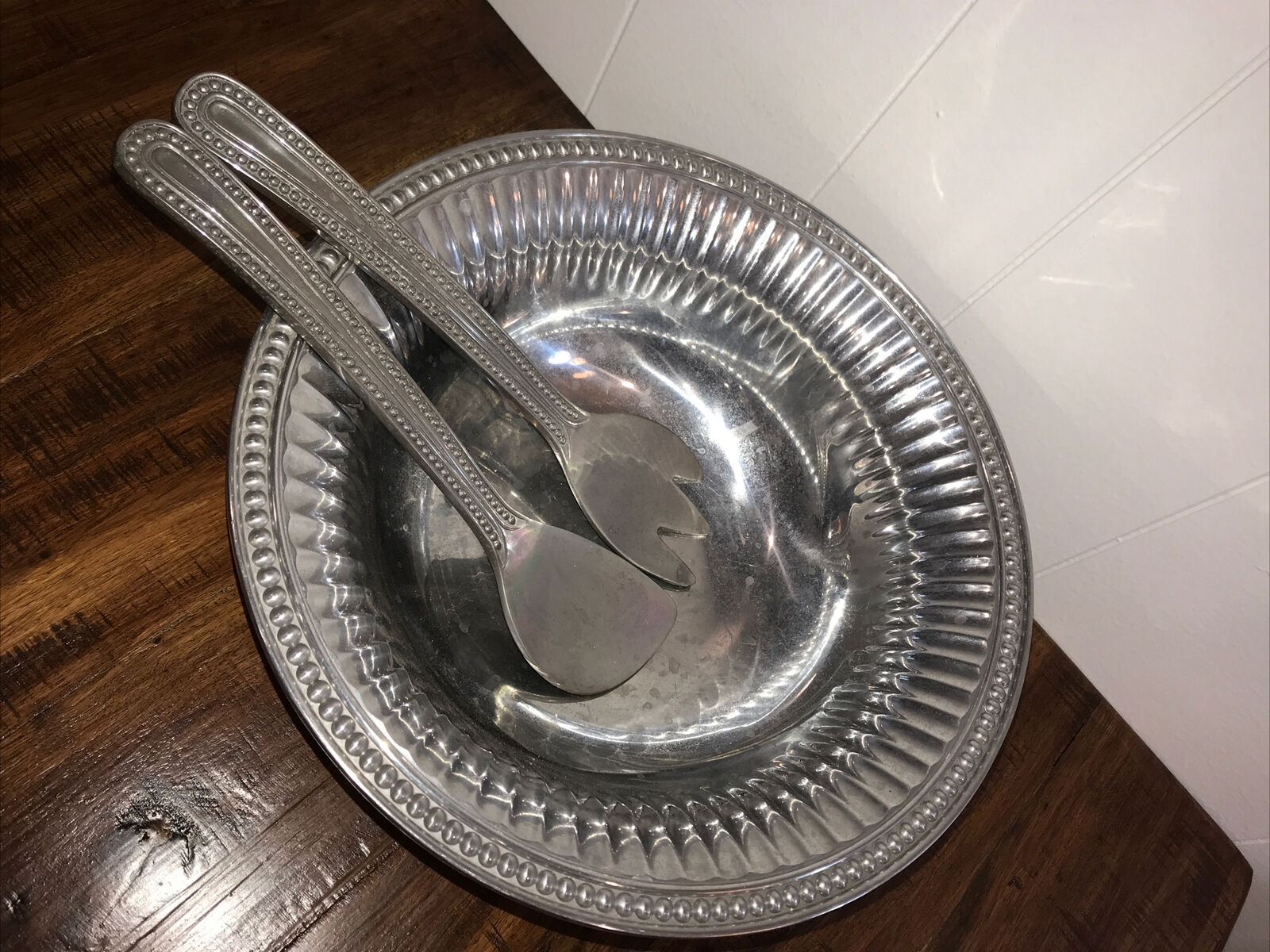 Vintage Wilton Armetale Pewter Serving Large Salad Bowl With Spoon and Fork