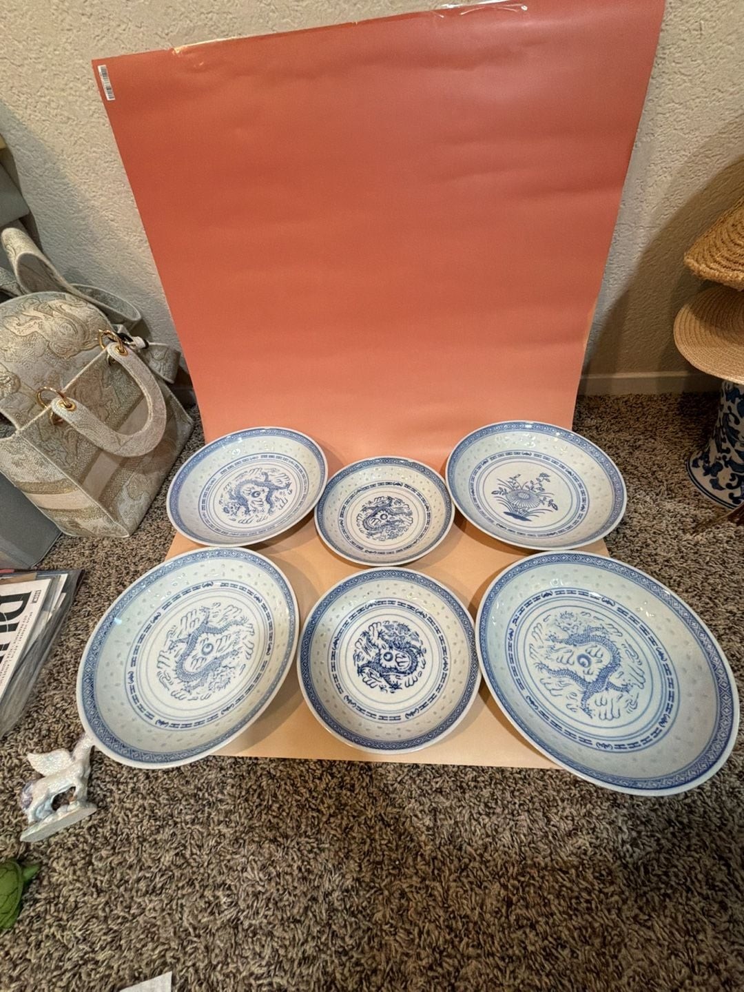 Vintage Jingdezhen Blue and White Rice Grain Dragon Porcelain Plates Set of 6 Vintage Jingdezhen Blue and White Rice Grain Dragon Porcelain Plates Set of 6
