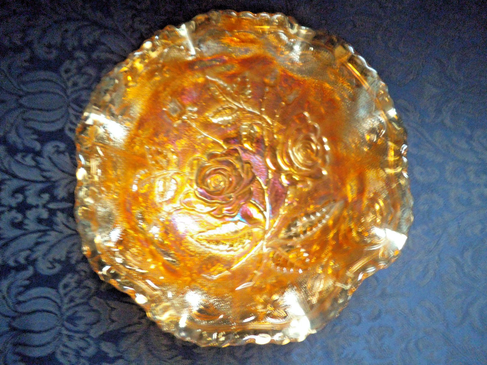 VTG IMPERIAL CARNIVAL GLASS OPEN ROSE MARIGOLD RUFFLED 8” BOWL ~ EUC