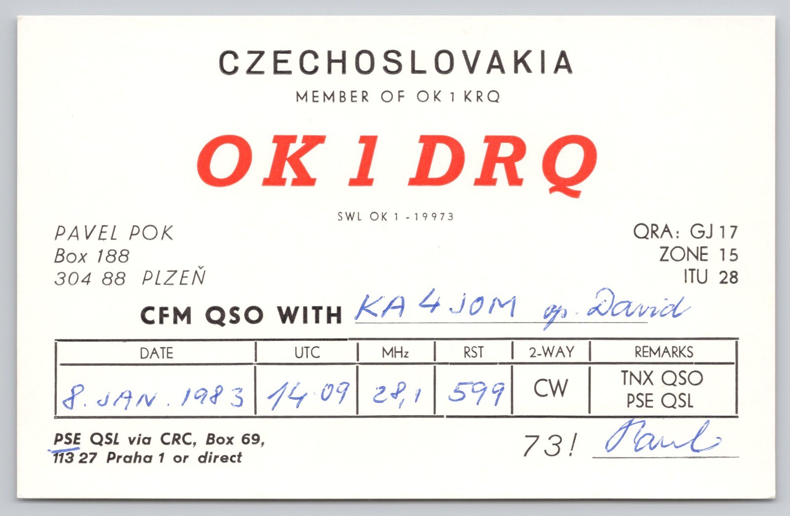 Ham Radio QSL OK1DRQ Czechoslovakia Plzeň Postcard