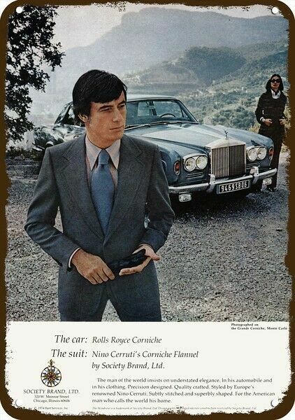 1974 NINO CERRUTI SUIT ROLLS ROYCE CORNICHE Car DECORATIVE REPLICA METAL SIGN 