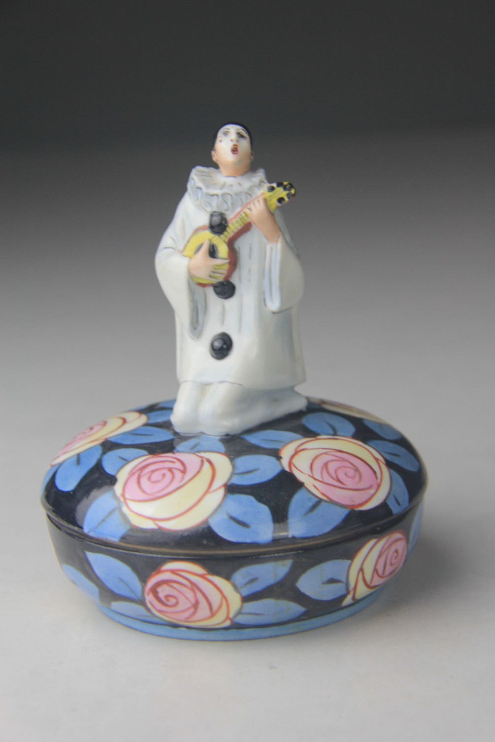 Antique Aladin French Art Deco Pierrot Ceramic Porcelain Powder Jar Trinket Box