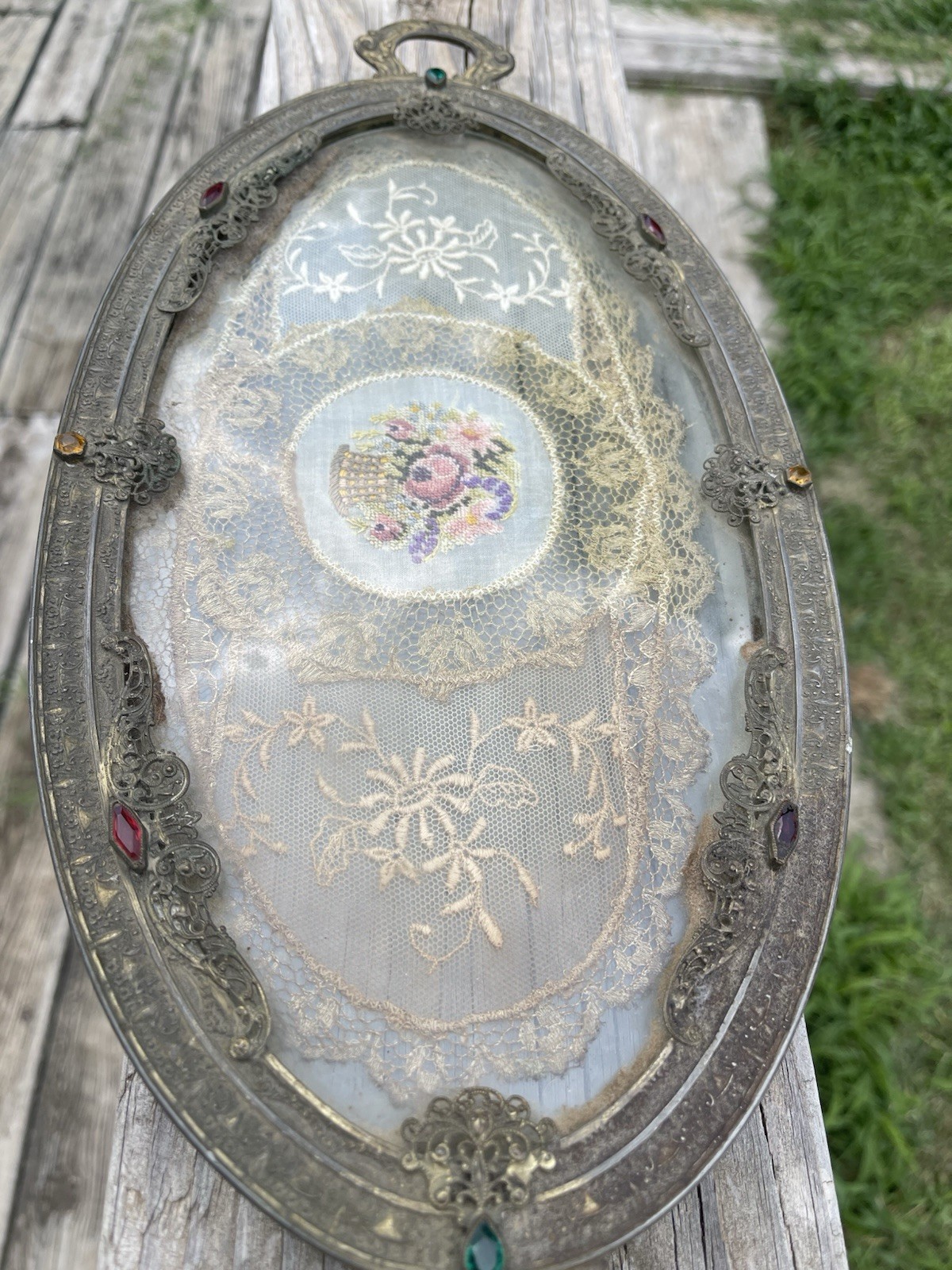 Vtg Jeweled Silver Craft  Ormolu Oval Lace Vanity Tray Dresser Ornate Read
