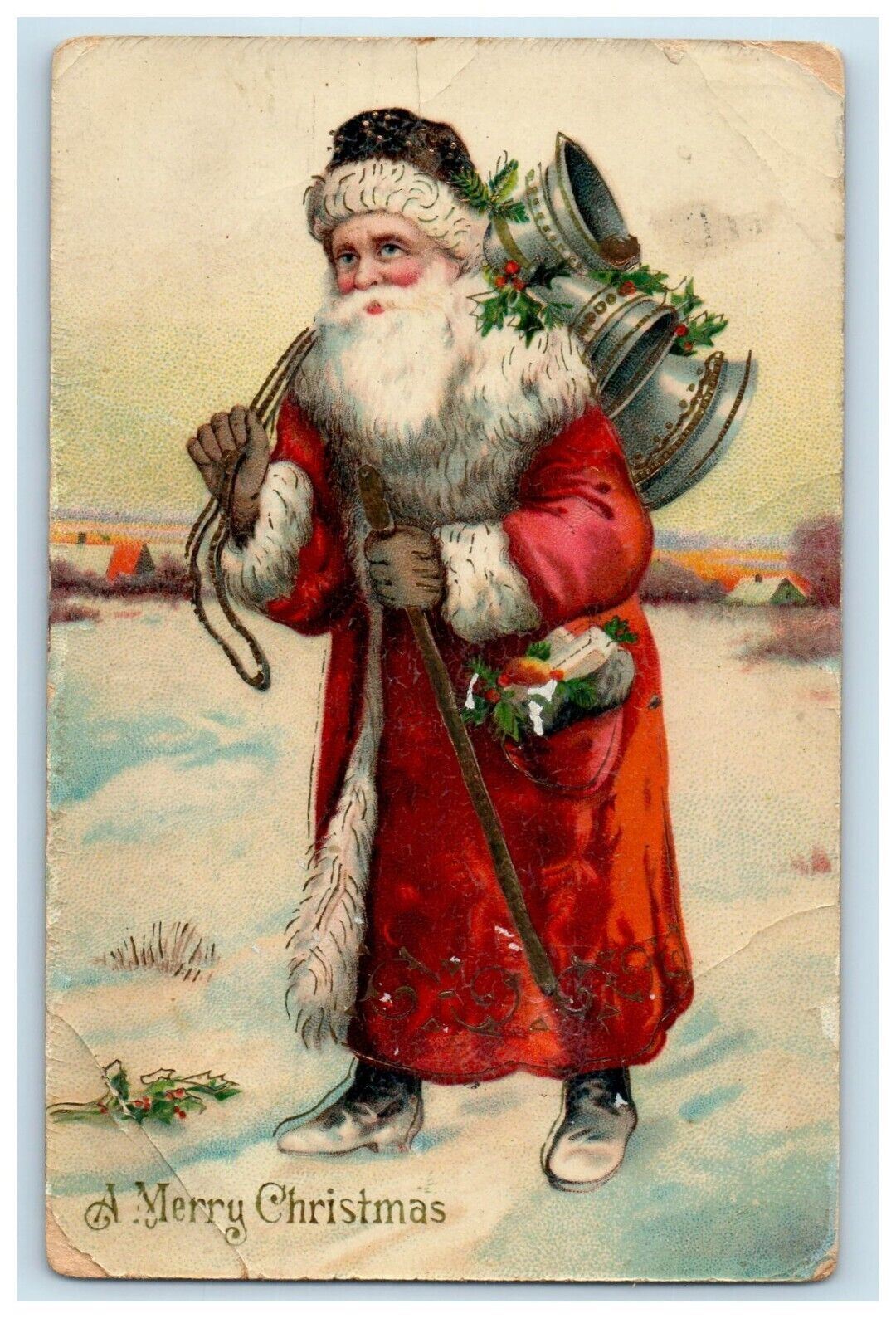 c1910 Christmas Old World Santa Gel Gold Gilt Bells Staff White Postcard