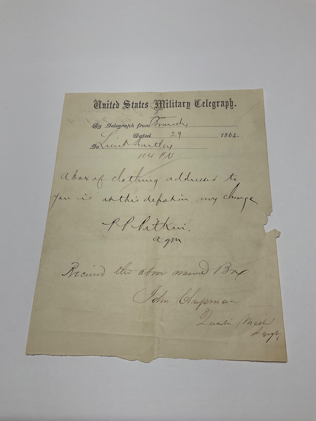 CIVIL WAR TELEGRAM 1864 TO LT HARTLEY 1864 BOX OF CLOTHING SGN FOR BY LT HARTLEY
