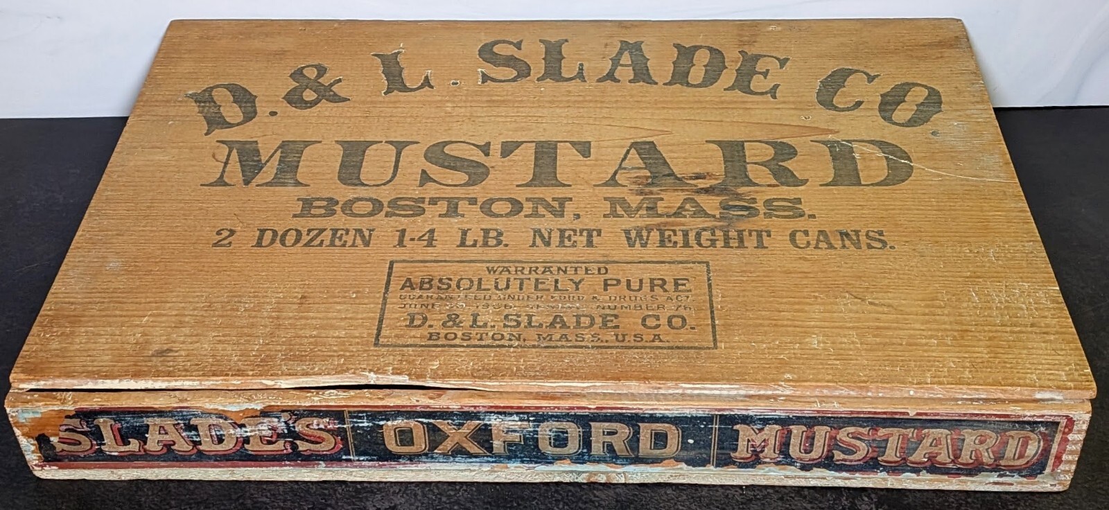 Antique D & L Slade Co Mustard Wood Box Crate Boston MA Oxford Mustard Marlboro