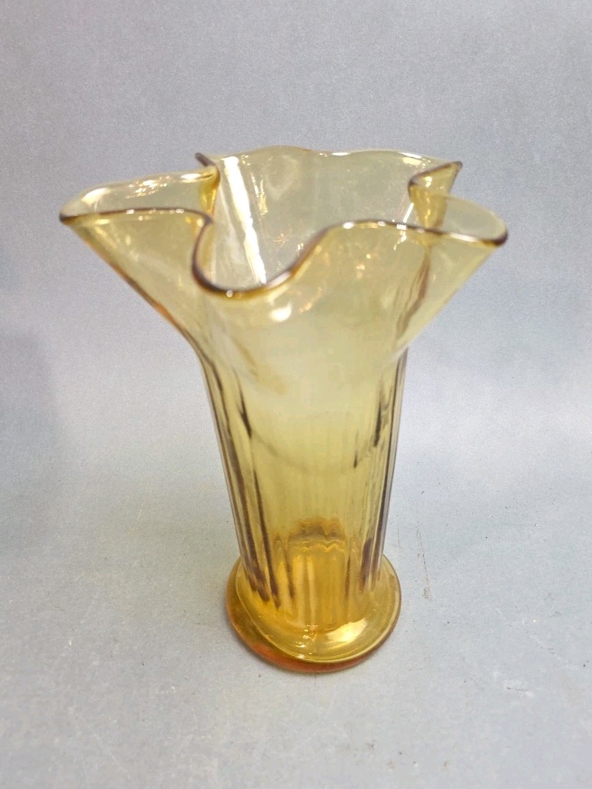 Vintage Amber Glass Vase Ruffled Star Shape