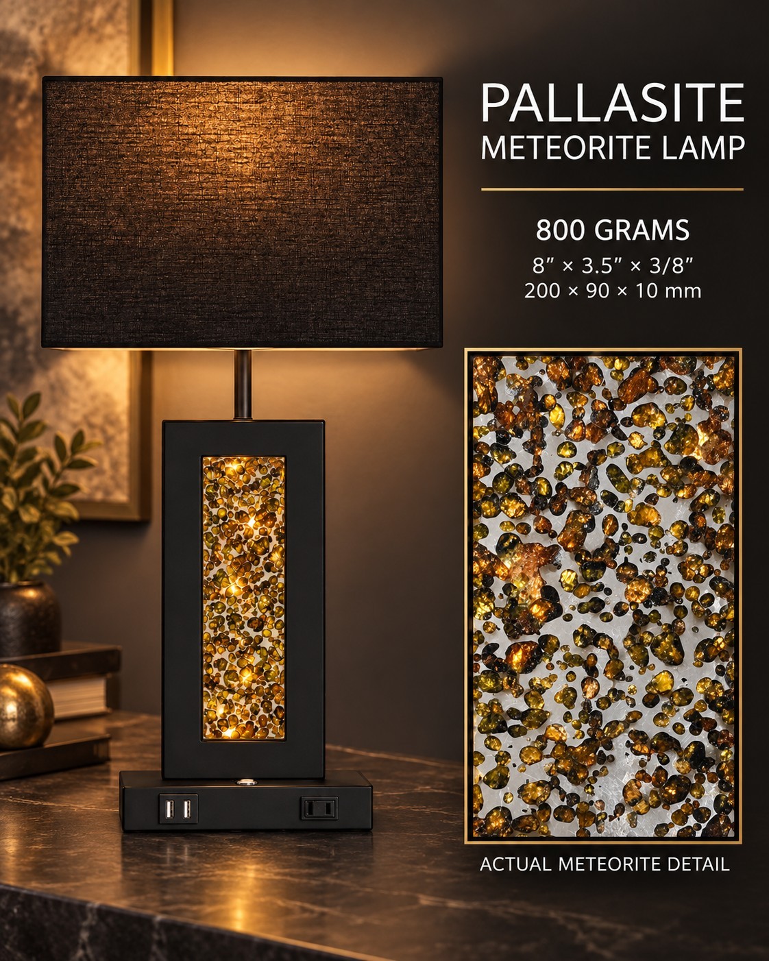 Pallasite Meteorite Table Lamp - 800 Grams Average Weight / 200mm X 80mm X 10mm