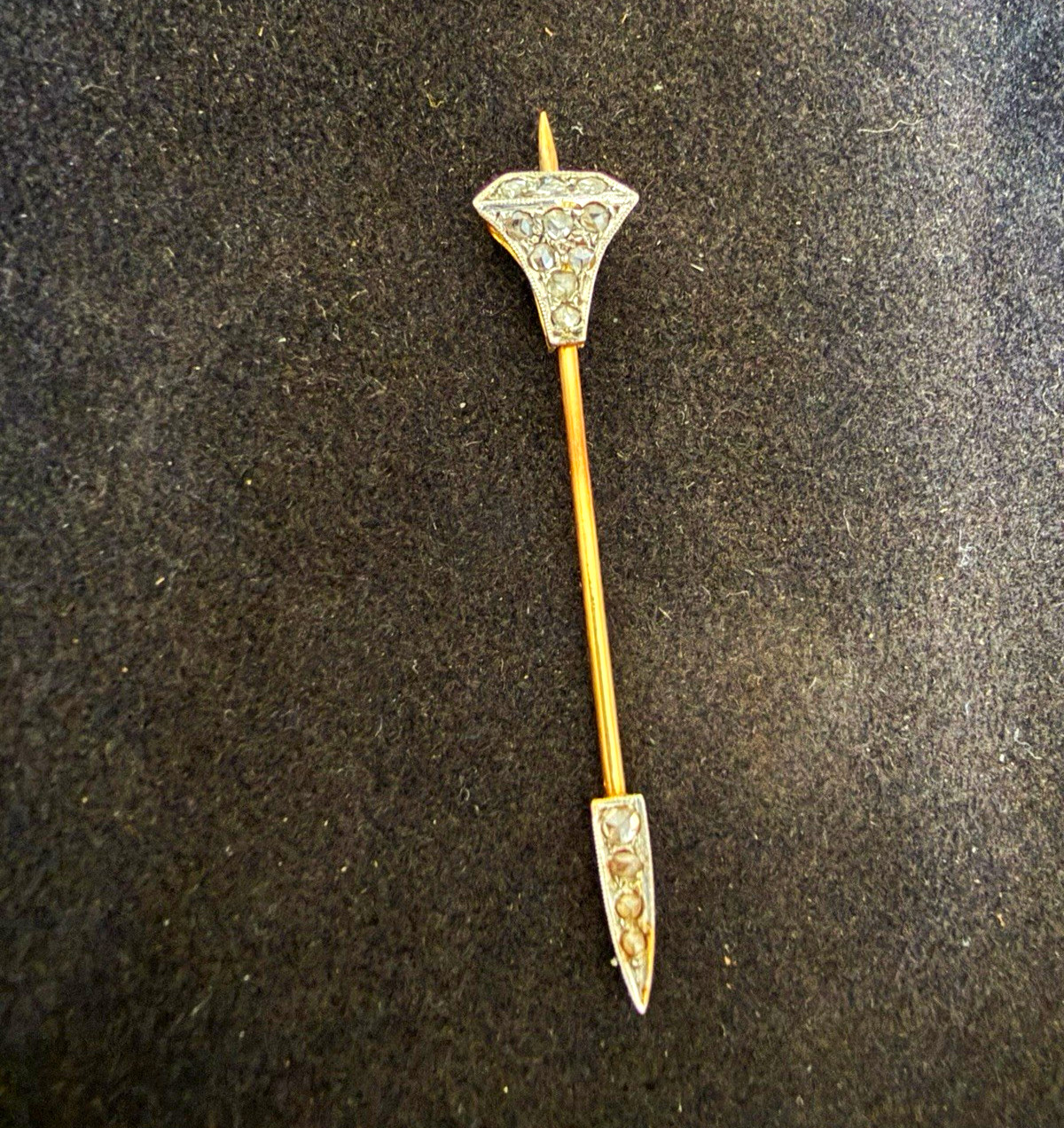 Vintage Style Metal Hatpin Stick Pin Gold Tone Shaft Silver Tone Diamonds