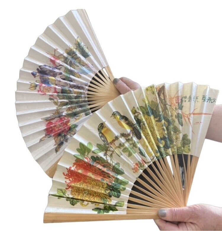 Two Hand Held Paper & Bamboo Fans Floral & Bird Prints Made in China, Decor