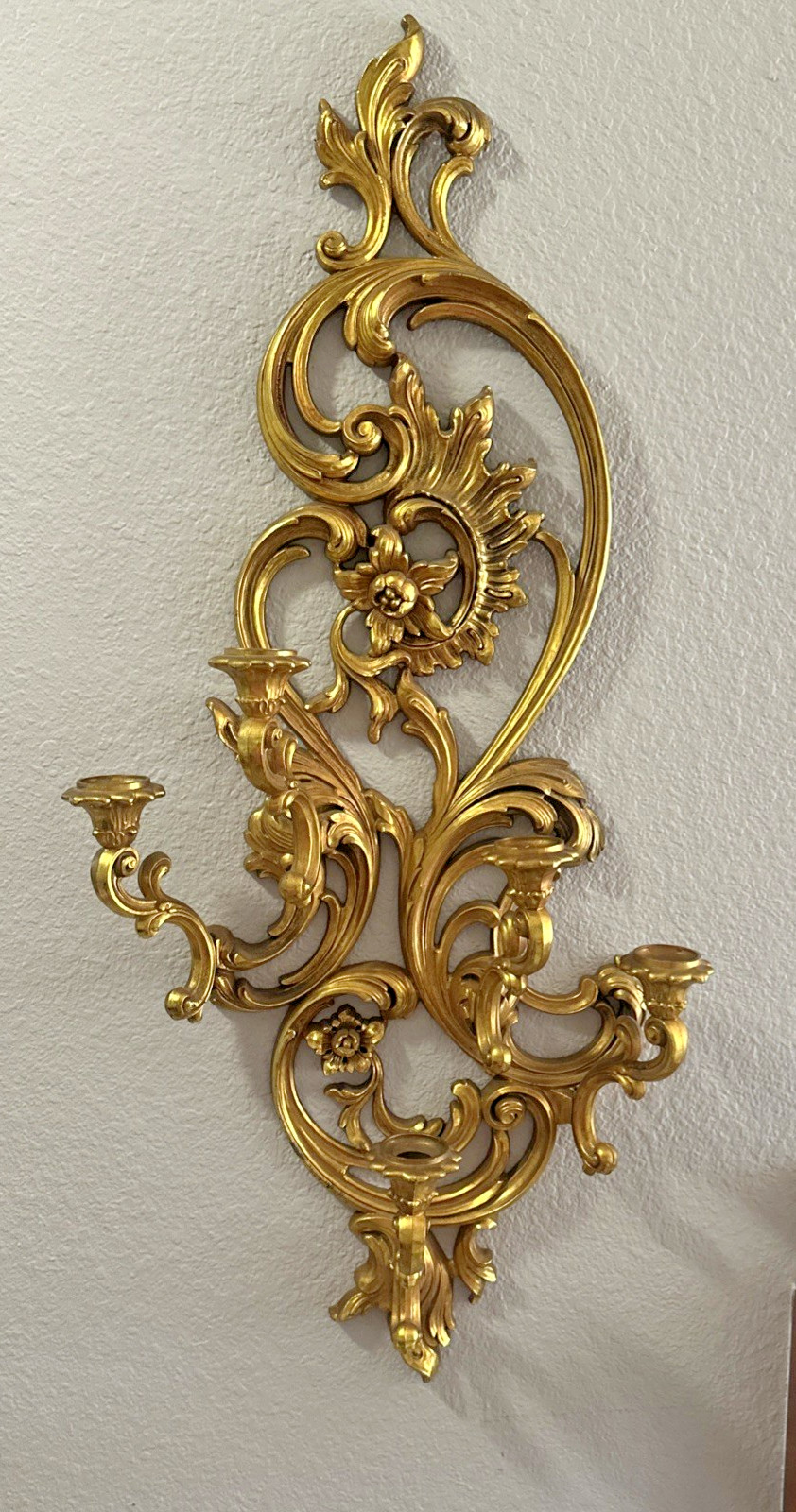 Set Of 2 Stunning XL Vintage 1971 Homco Gold Floral Wall Sconces Candle Holders